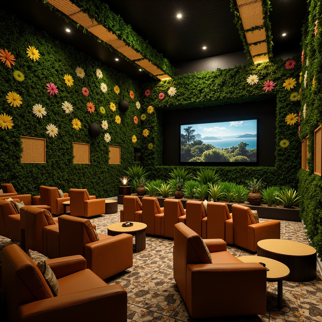 Prompt: Tropical cinema interior, lush green walls, vibrant flower patterns, comfortable seating arrangement, reclining chairs, soft cushions, adjustable armrests, ample legroom, ergonomic design, warm wood accents, natural fiber upholstery, woven rattan details, subtle lighting, warm golden tones, cozy ambiance, intimate setting, cinematic experience, immersive audio, panoramic screen, cinematic ratio, shallow depth of field, 1/1 composition, realistic textures, ambient occlusion.