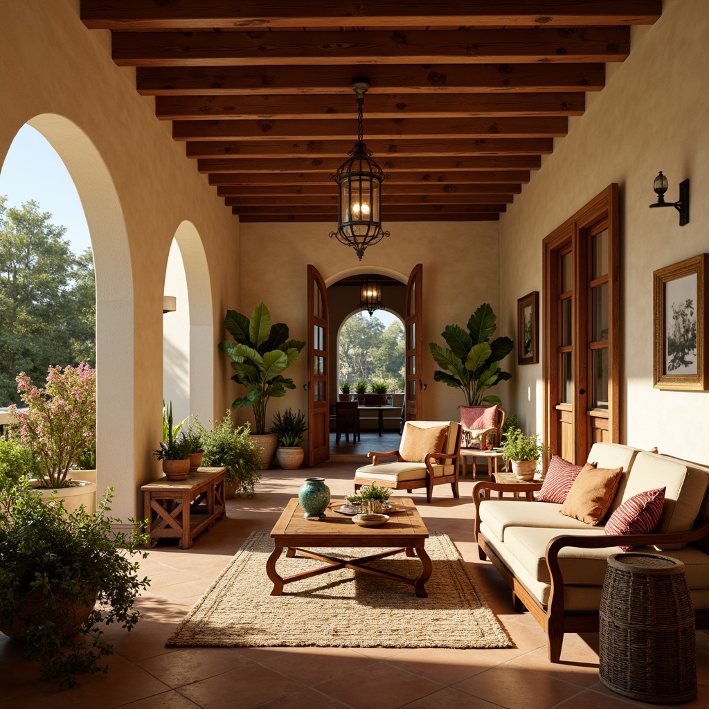 Prompt: Warm Mediterranean villa, rustic stone walls, arched windows, ornate wooden doors, distressed wood accents, elegant furnishings, plush velvet sofas, curved armchairs, intricately carved wooden tables, colorful ceramic vases, woven wicker baskets, natural fiber rugs, terracotta tiles, soft golden lighting, warm beige colors, earthy textures, vintage decorative items, antique metalware, lush greenery, flowering plants, sunny afternoon, shallow depth of field, 1/1 composition, realistic reflections.