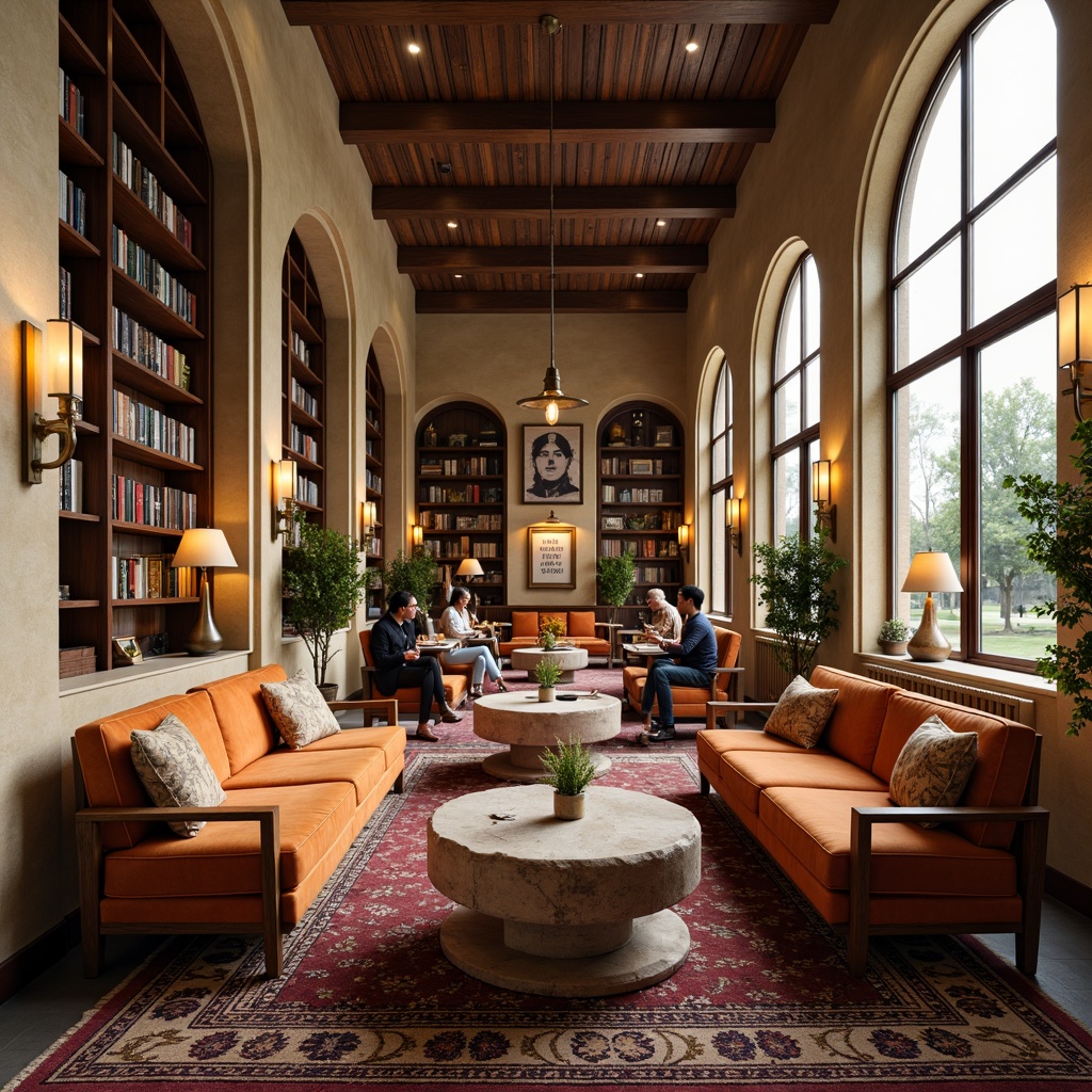 Prompt: Renaissance-style campus interior, ornate wooden chairs, luxurious velvet sofas, richly patterned rugs, elegant stone coffee tables, refined metal lamps, vintage-inspired bookshelves, sophisticated wall art, warm beige walls, high ceilings, large windows, natural light, cozy reading nooks, comfortable lounge seating, modern minimalistic desks, sleek metal legs, ergonomic study chairs, collaborative workspaces, inspirational quotes, motivational posters, greenery planters, soft warm lighting, shallow depth of field, 3/4 composition, realistic textures.