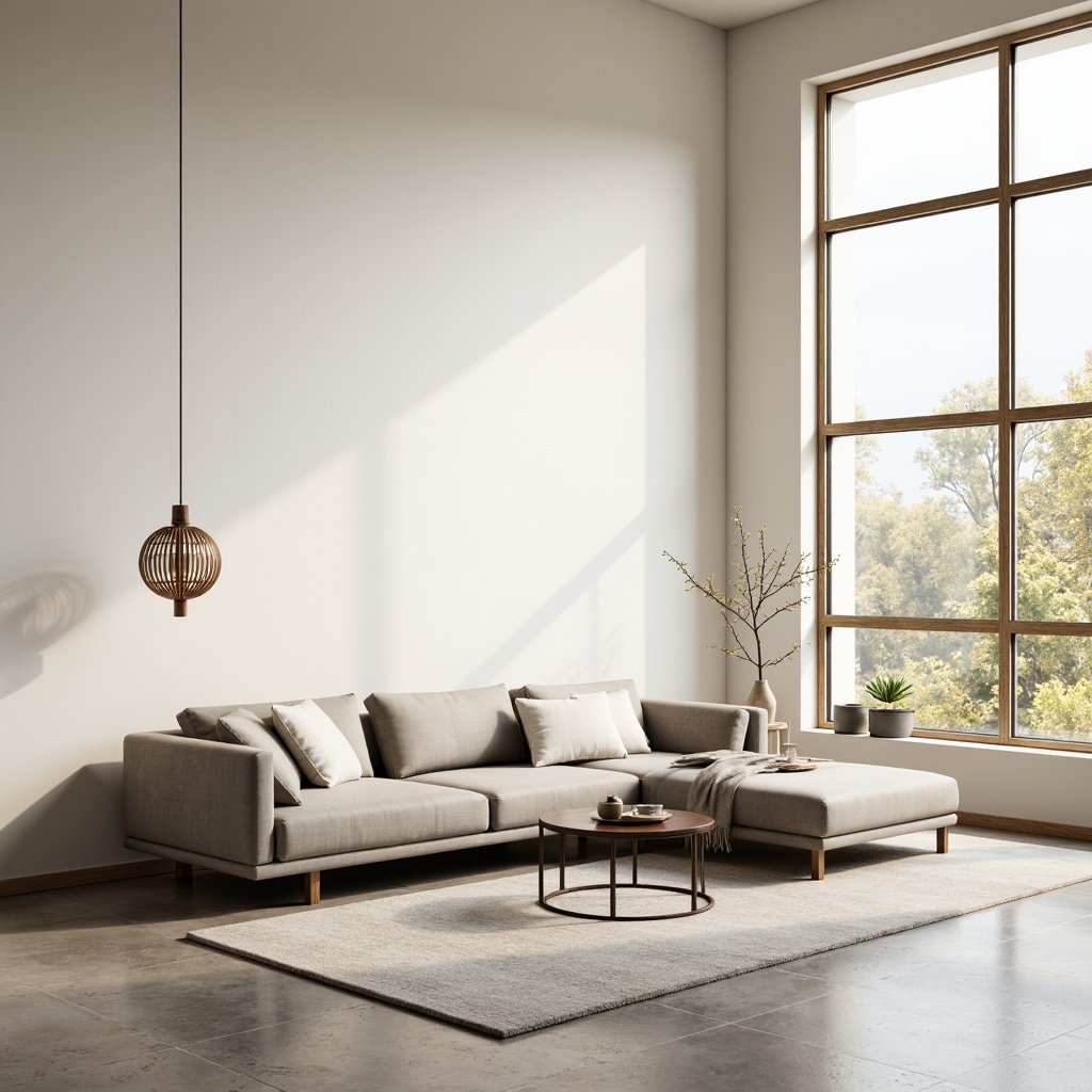 Prompt: Simple living room, monochromatic color scheme, sleek low-profile sofa, minimalist coffee table, geometric-shaped decor, industrial-chic metal legs, creamy white walls, polished concrete floors, floor-to-ceiling windows, abundant natural light, soft warm glow, 1/1 composition, shallow depth of field, realistic textures, ambient occlusion.