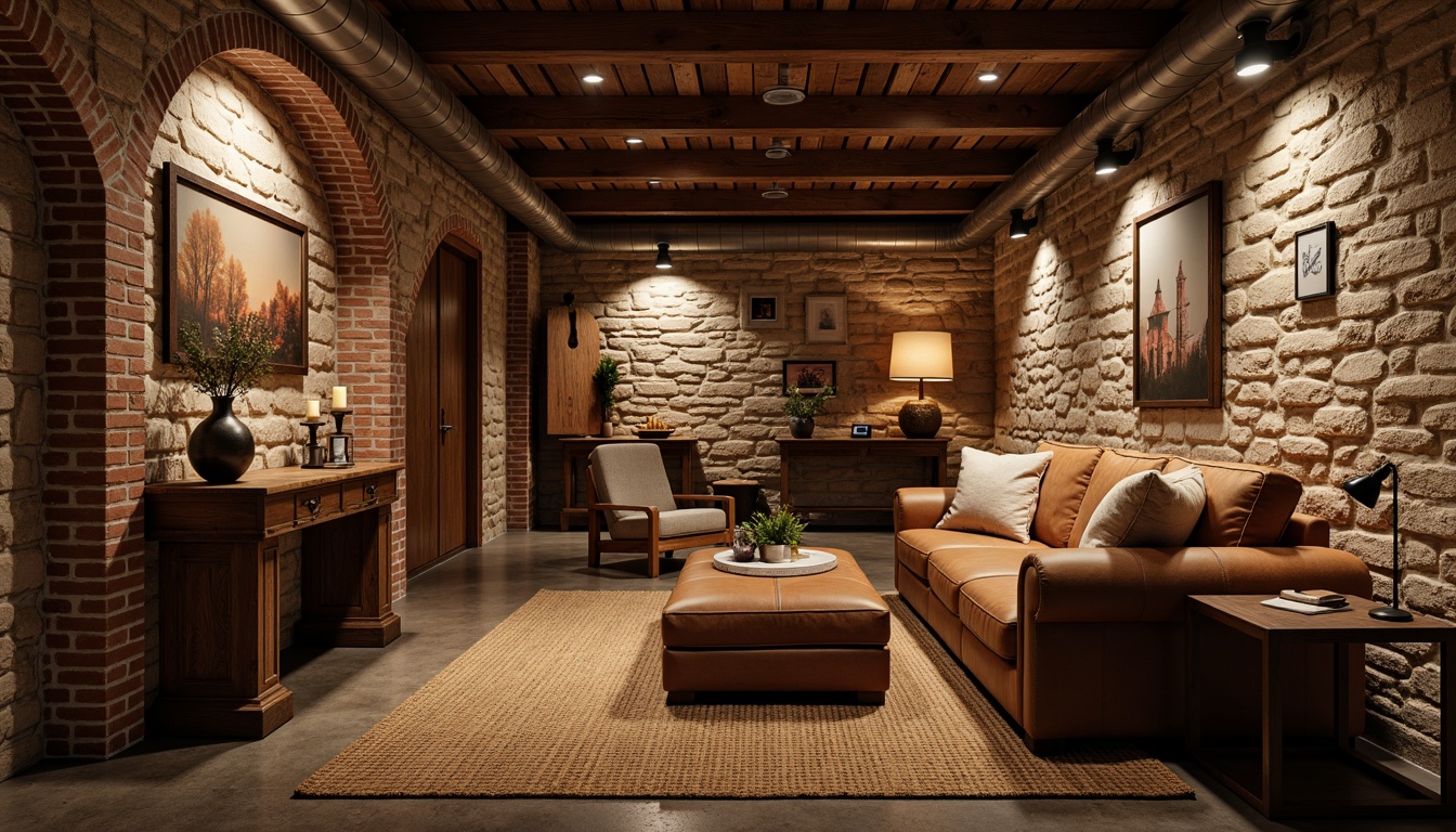 Prompt: Rustic basement atmosphere, reclaimed wood accent walls, rough-hewn stone surfaces, earthy tone color palette, warm cozy lighting, natural textures, distressed metal decorative elements, vintage industrial fixtures, exposed ductwork, wooden beam ceilings, brick archways, worn leather furniture, woven jute rugs, warm candlelight, soft shadows, 1/2 composition, intimate close-up shots, realistic material rendering.