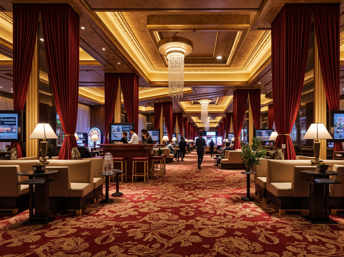 Prompt: Luxurious casino interior, rich wood paneling, ornate moldings, golden accents, velvet drapes, crystal chandeliers, intricate patterns, luxurious carpets, high-gloss finishes, polished marble floors, decorative ceiling treatments, warm ambient lighting, opulent furnishings, classic European-inspired design, sophisticated color palette, lavish textures, regal atmosphere.