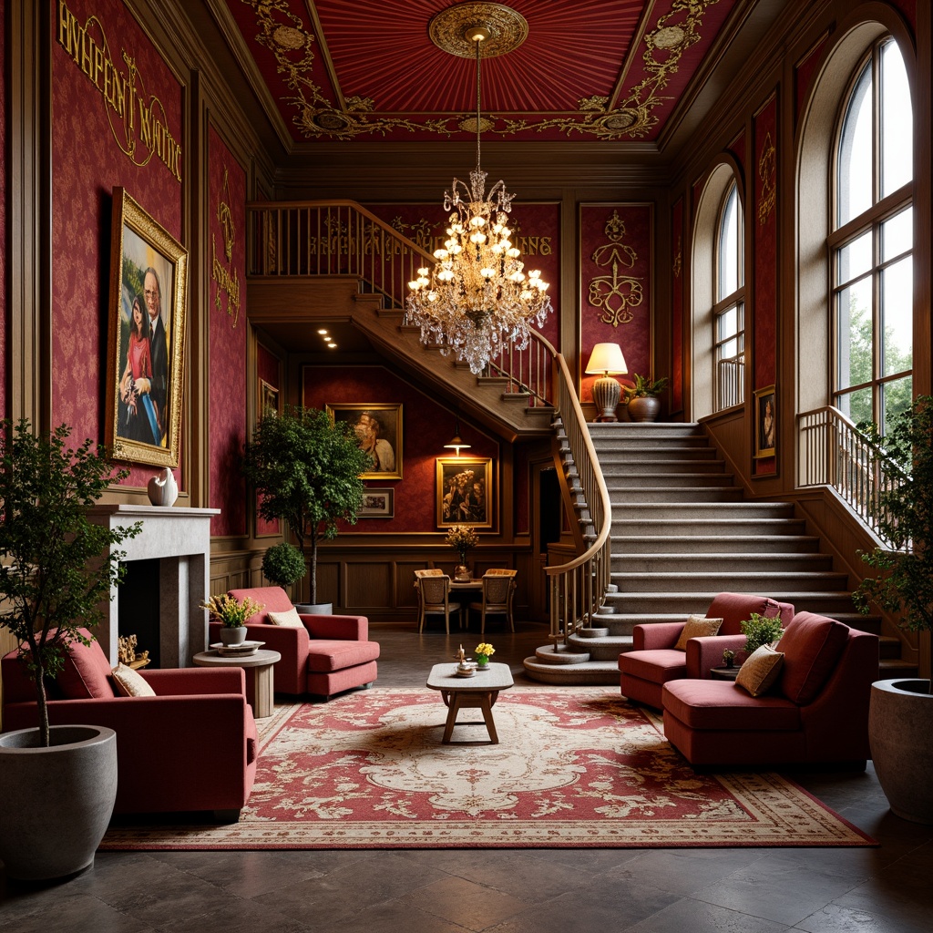 Prompt: Luxurious velvet fabrics, intricately carved wooden panels, gilded ornamental accents, opulent crystal chandeliers, plush area rugs, majestic stone fireplaces, sweeping curved staircases, richly patterned wallpapers, lavish furnishings, grandiose ceiling designs, warm golden lighting, shallow depth of field, 3/4 composition, realistic textures, ambient occlusion.