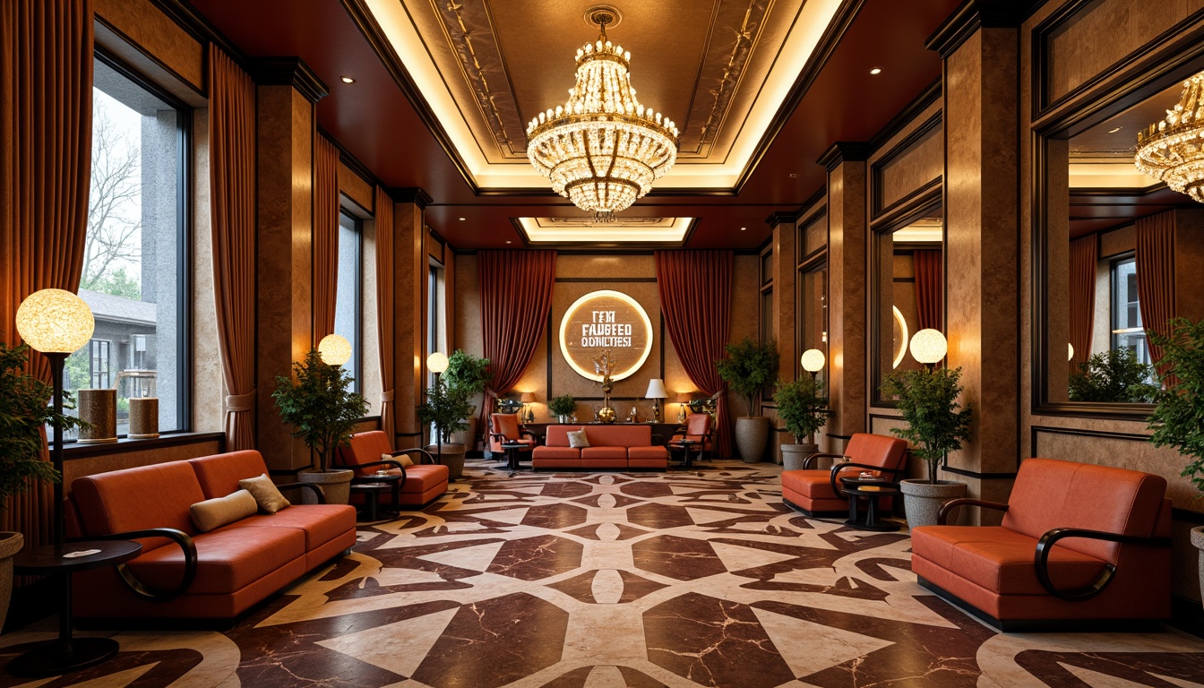 Prompt: Luxurious Art Deco interior, metallic wallpaper, geometric patterns, bold color schemes, ornate mirrors, beveled edges, chrome accents, velvet drapes, exotic wood paneling, inlaid marble floors, grand chandeliers, stylized typography, opulent fabrics, sunburst motifs, zigzag designs, stepped silhouettes, glamorous lighting fixtures, 3/4 composition, high-contrast rendering, detailed textures, ambient occlusion.