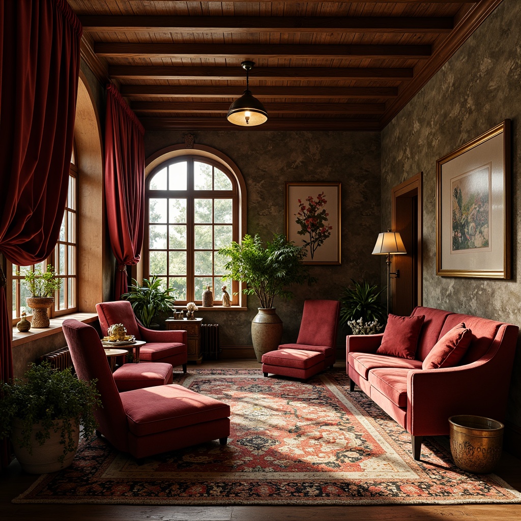 Prompt: Rich velvet fabrics, intricately patterned rugs, ornate wooden furniture, flowing curvilinear lines, organic botanical motifs, soft warm lighting, intimate cozy nooks, plush cushions, luxurious drapery, jewel-toned color palette, antique bronze hardware, vintage decorative accents, lush greenery, natural stone walls, eclectic art pieces, whimsical sculptures, romantic ambiance, 1/1 composition, shallow depth of field, warm golden lighting, realistic textures.