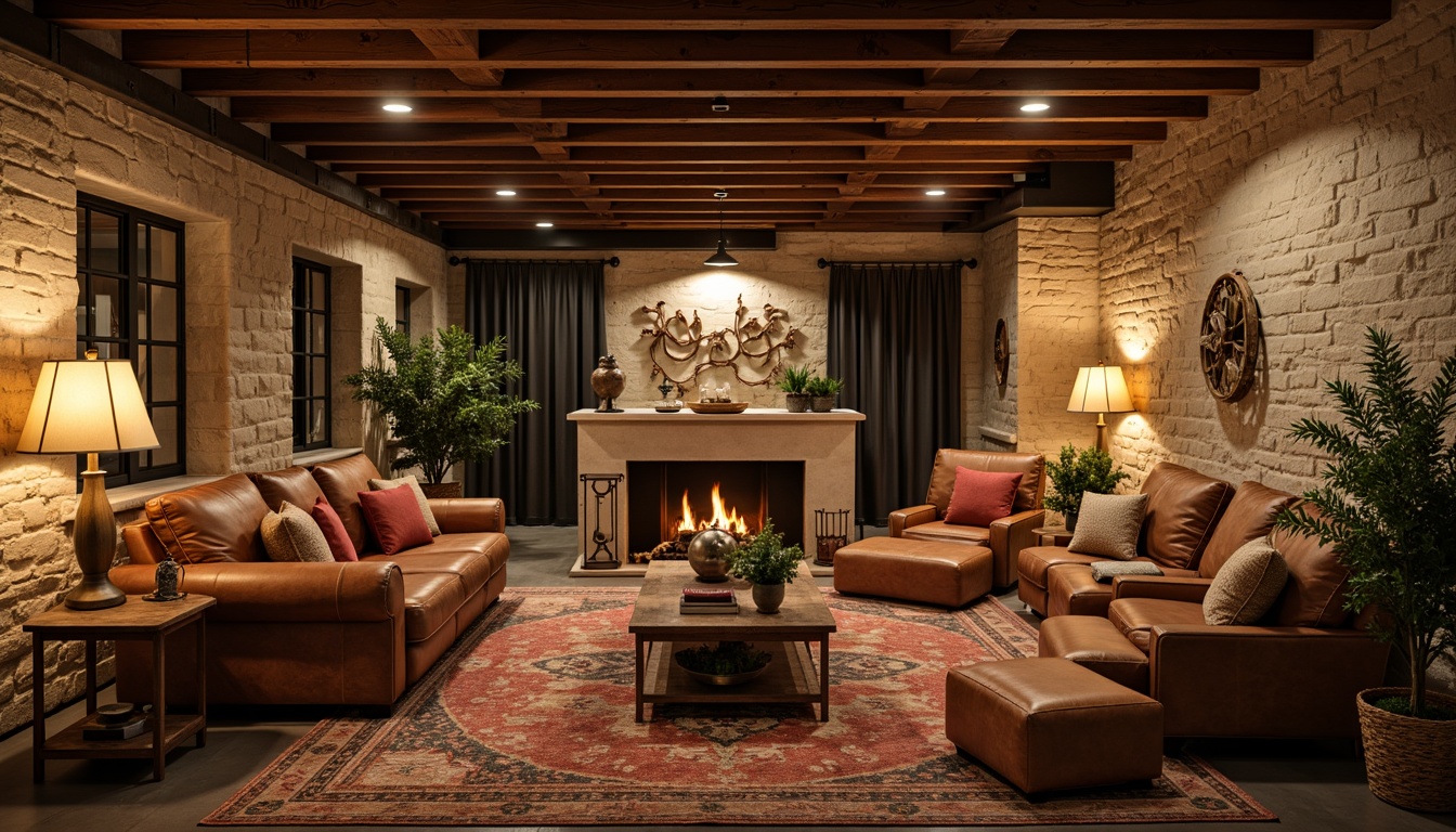 Prompt: Cozy basement retreat, warm earthy tones, plush area rugs, comfortable sectionals, oversized pillows, soft velvety textures, rustic wooden accents, vintage metal decorations, warm floor lamps, table lamps with linen shades, natural stone walls, reclaimed wood ceilings, industrial-chic metal beams, rich leather upholstery, woven baskets, potted greenery, candlelight ambiance, intimate corner nooks, 3/4 composition, shallow depth of field, warm golden lighting.