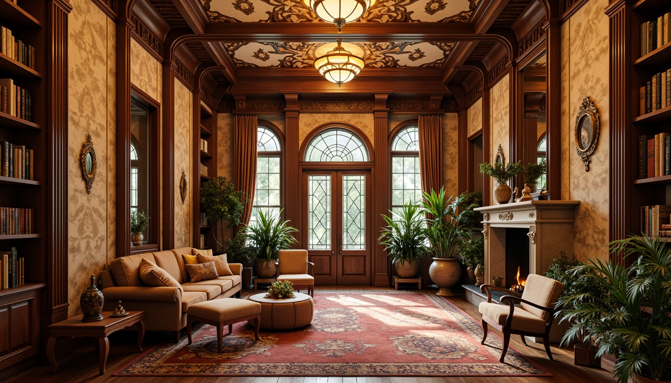 Prompt: Elegant Art Nouveau interior, flowing curved lines, organic shapes, botanical ornaments, rich wood tones, velvet upholstery, intricate carvings, ornate metalwork, stained glass accents, warm golden lighting, cozy reading nooks, plush area rugs, sinuous chair legs, ornamental mirrors, decorative wall panels, natural stone fireplaces, whimsical sculptural pieces, vintage artifacts, soft warm color palette, inviting atmosphere.