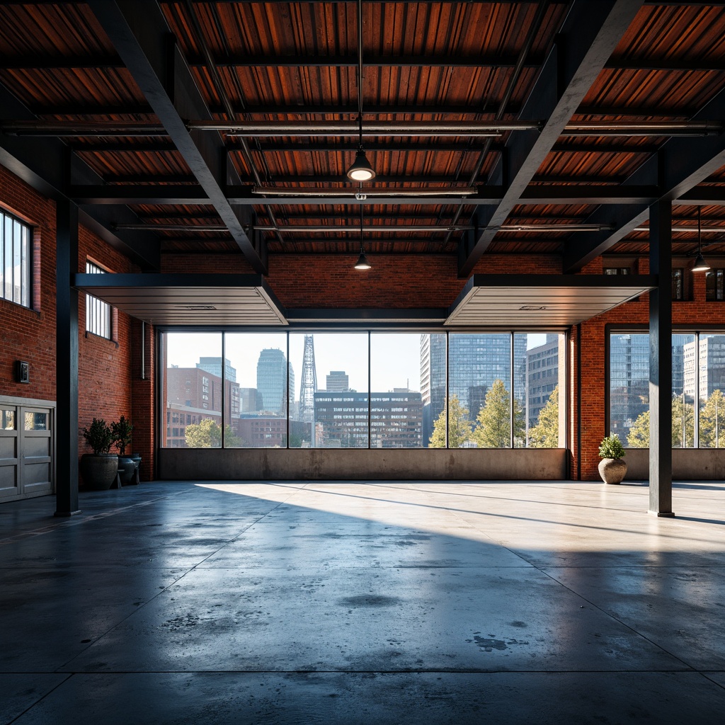 Prompt: Industrial-style garage, exposed brick walls, metal beams, polished concrete floors, sleek modern lighting, bold color scheme, deep blues, vibrant oranges, metallic silvers, urban cityscape, afternoon sunlight, dramatic shadows, high contrast ratio, 1/1 composition, realistic textures, ambient occlusion.