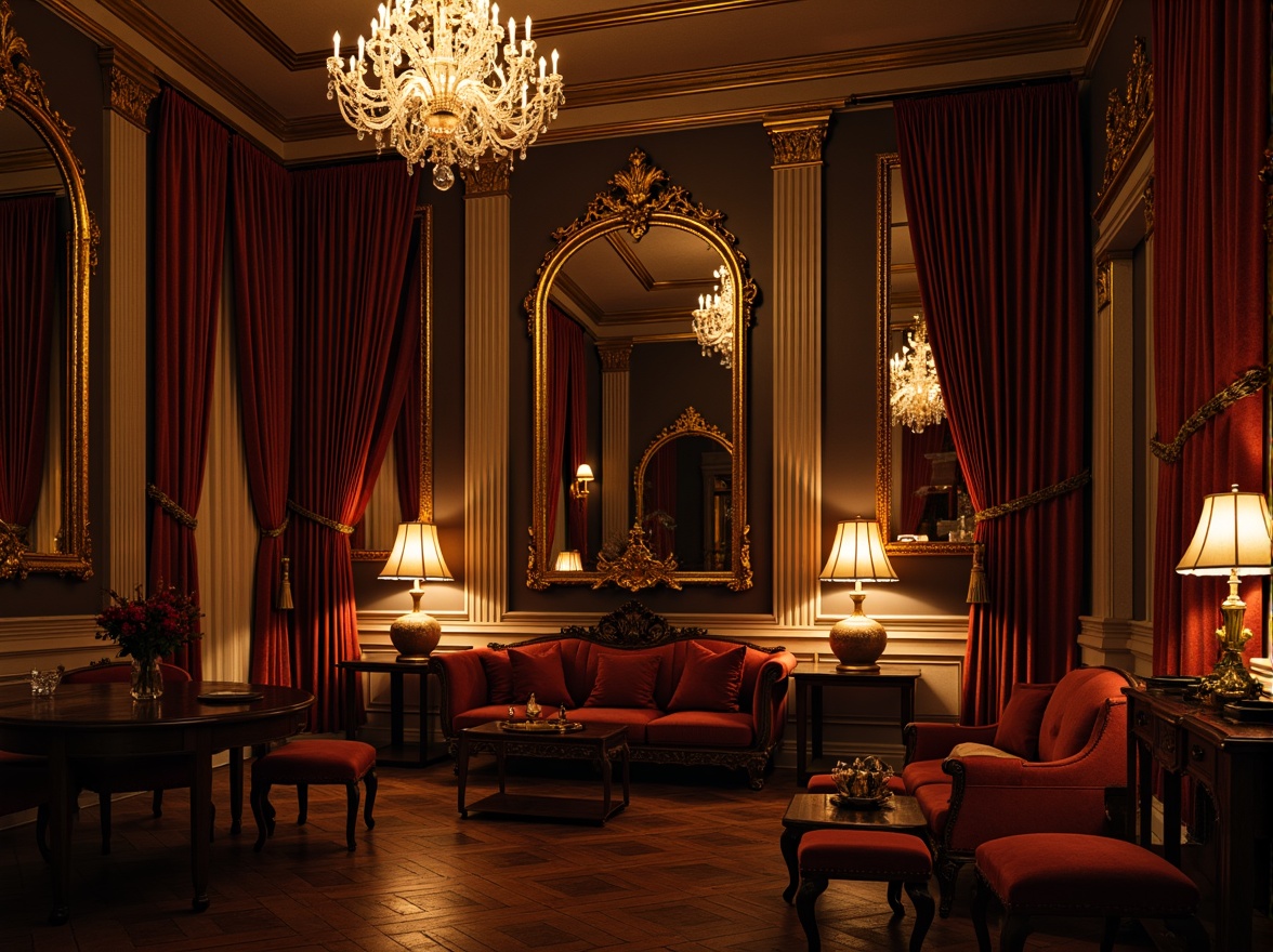 Prompt: Ornate mirrors, gilded frames, luxurious velvet drapes, crystal chandeliers, soft warm candlelight, subtle cove lighting, dramatic spotlights, richly textured walls, intricately carved furnishings, ornamental vases, lavish fabrics, golden accents, subtle shadows, 1/1 composition, low-key lighting, atmospheric ambiance, realistic reflections, detailed textures.