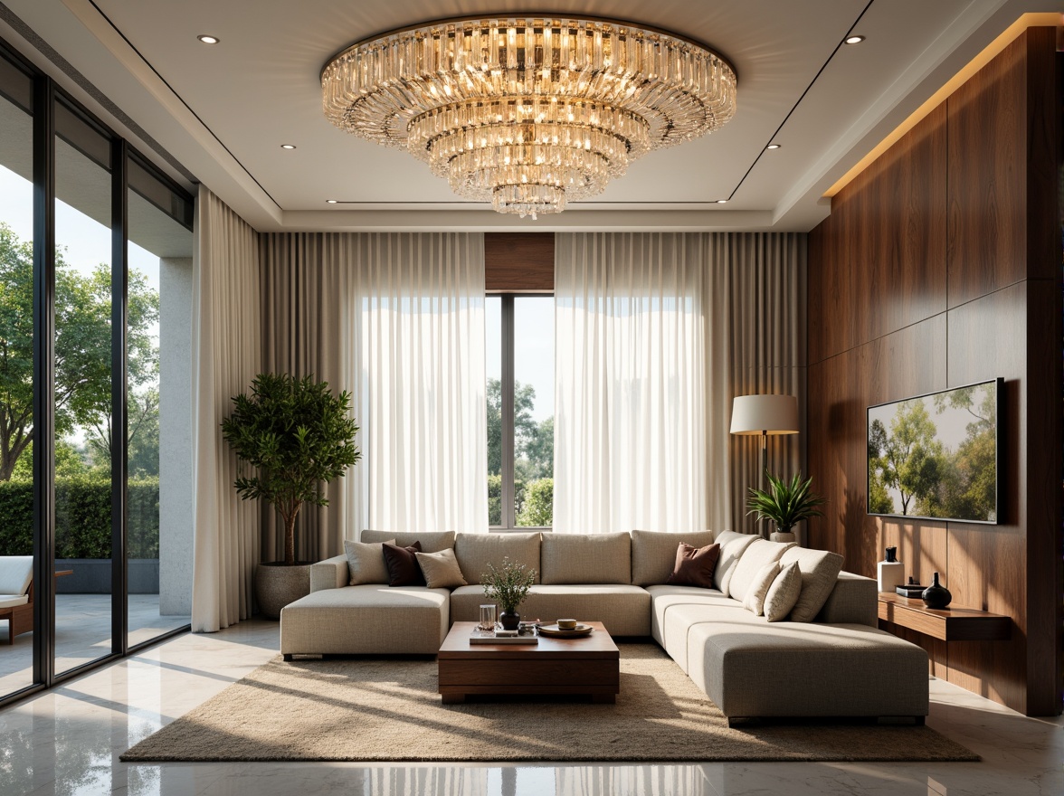 Prompt: Elegant living room, sophisticated chandelier, crystal droplets, warm ambient lighting, soft white curtains, marble flooring, modern sectional sofa, wooden coffee table, vibrant greenery, floor-to-ceiling windows, natural daylight, subtle shadows, 1/1 composition, realistic reflections, shallow depth of field, warm color temperature, cozy atmosphere.