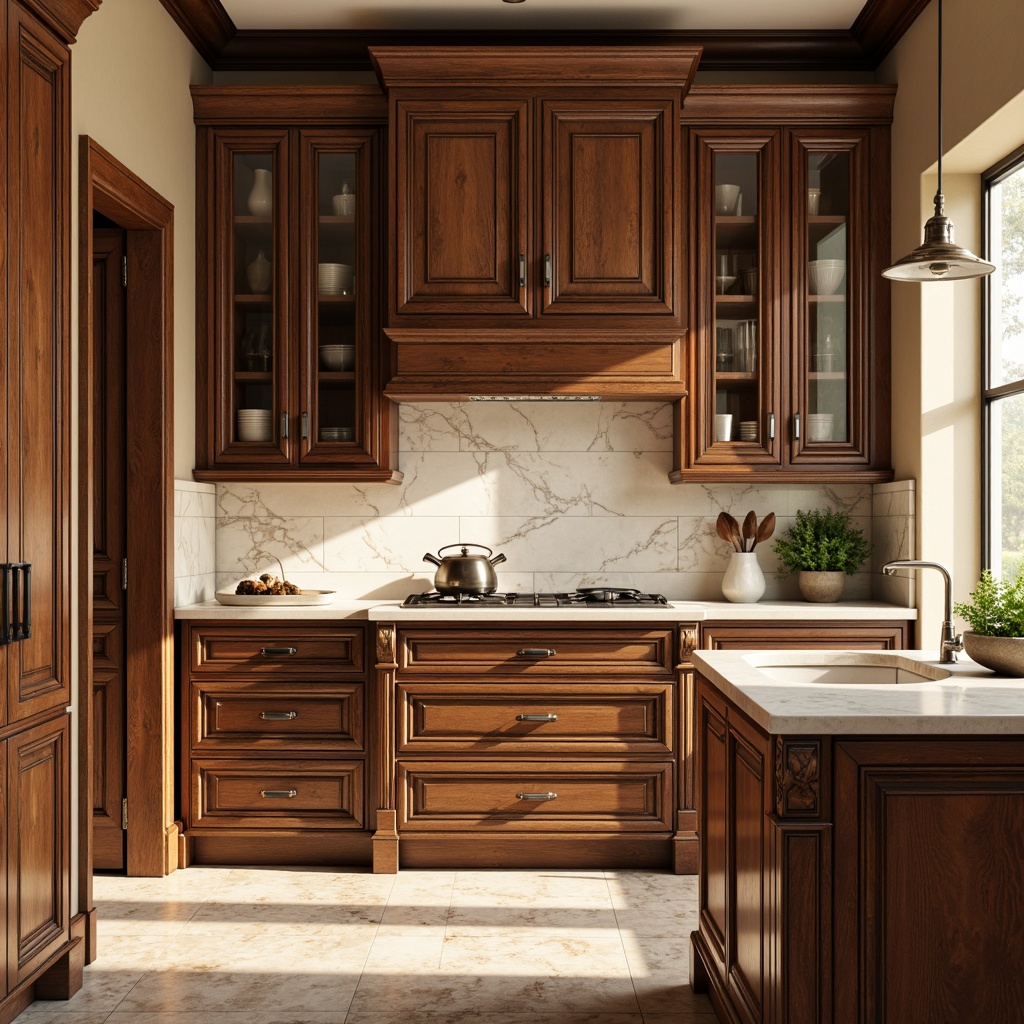 Prompt: Rich wood tones, ornate carvings, distressed finishes, soft-close drawers, decorative hardware, classic shaker-style cabinets, white marble countertops, chrome fixtures, elegant pendant lighting, natural stone flooring, warm beige walls, traditional architectural details, symmetrical composition, shallow depth of field, 1/1 aspect ratio, realistic wood textures, ambient occlusion.