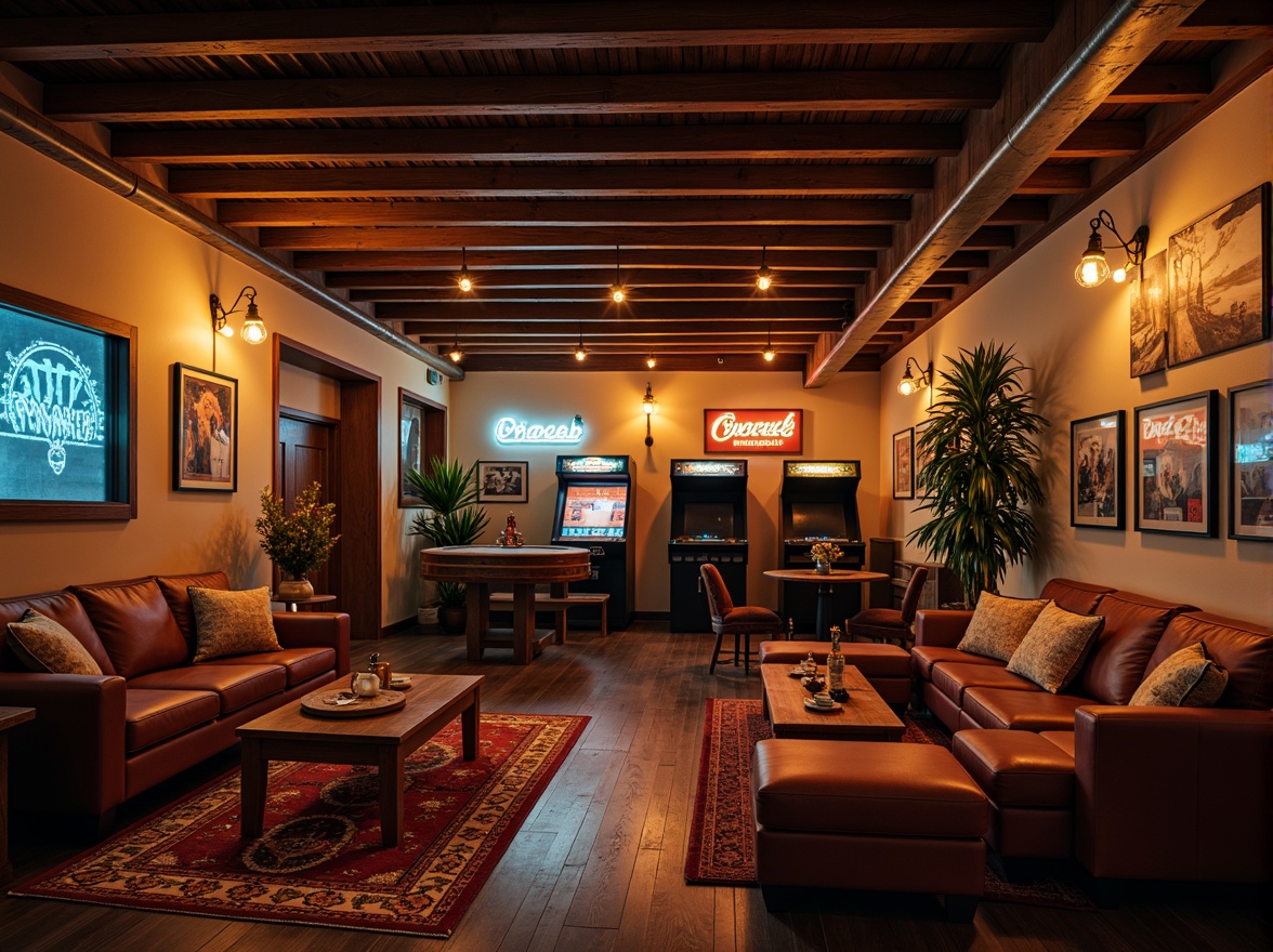 Prompt: Cozy game room, rustic wood accents, vintage posters, dimmable warm lighting, table lamps, floor lamps, neon signs, retro arcade machines, comfortable seating areas, plush couches, wooden coffee tables, decorative rugs, warm beige walls, dark wood trim, industrial metal beams, Edison bulbs, softbox lighting, shallow depth of field, 1/2 composition, cinematic atmosphere, realistic textures, ambient occlusion.