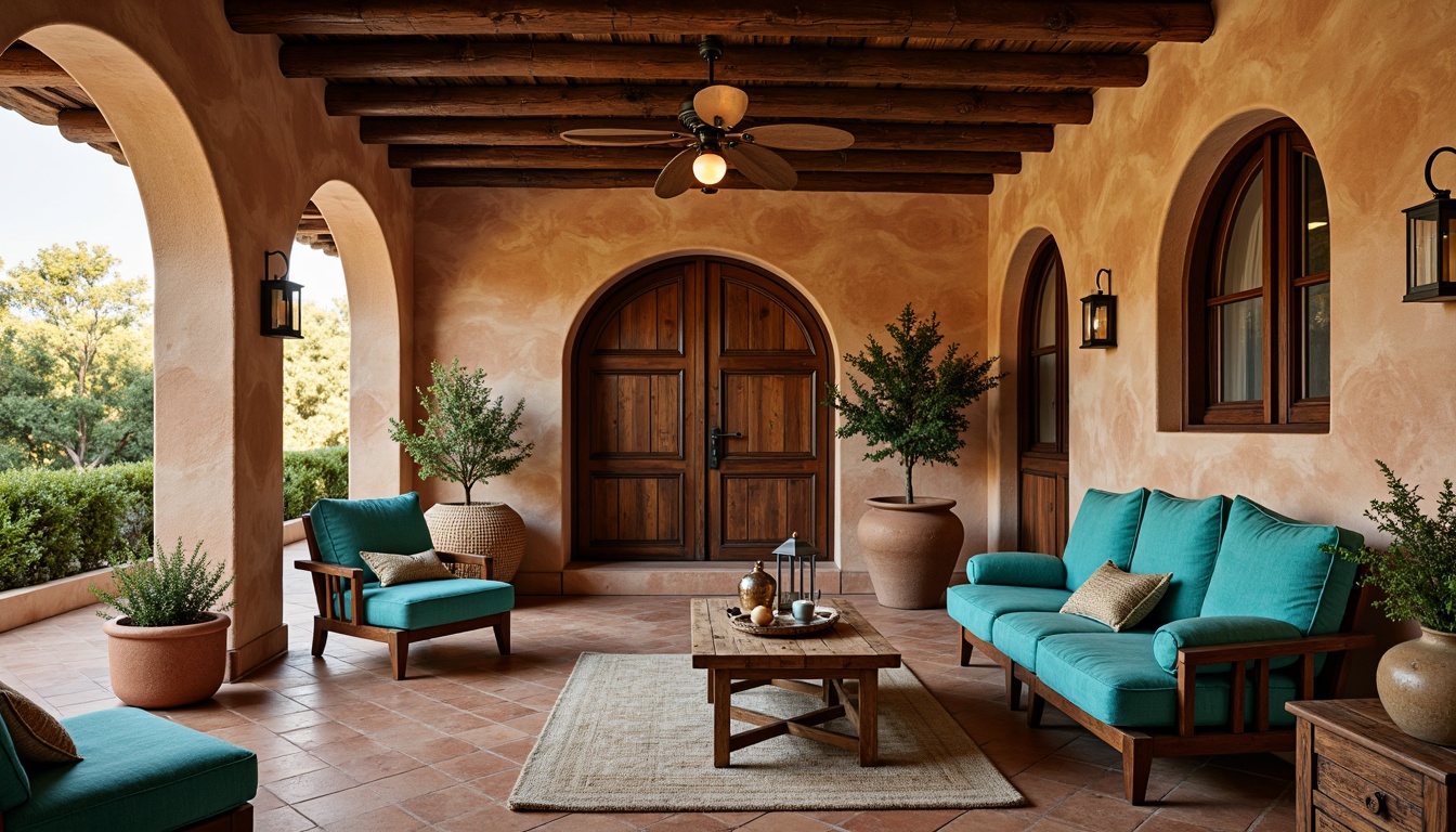 Prompt: Warm Mediterranean villa, rustic stone walls, terracotta floors, ornate wooden doors, distressed wood furniture, plush velvet upholstery, vibrant turquoise accents, natural fiber textiles, woven baskets, potted olive trees, soft warm lighting, shallow depth of field, 1/2 composition, intimate atmosphere, earthy color palette, cozy nooks, arched windows, decorative ceramics, vintage artifacts, rustic metal lanterns.