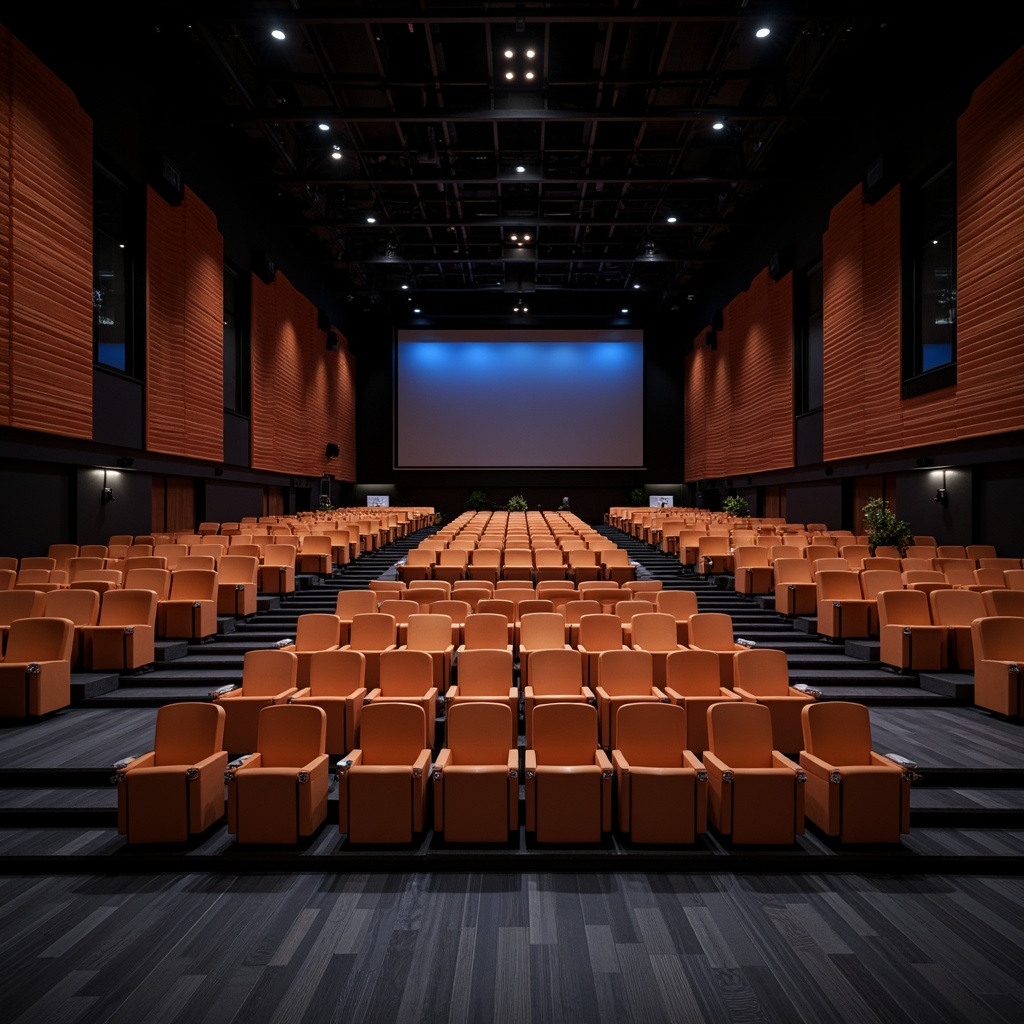 Prompt: Modern auditorium interior, sleek streamlined seating layout, curved rows, premium leather upholstery, polished metal armrests, minimalist design, vibrant accent lighting, dark wood flooring, sound-absorbing panels, tiered seating, optimal viewing angles, unobstructed sightlines, expansive stage, professional audio equipment, subtle ambient lighting, 3/4 composition, shallow depth of field, realistic textures, ambient occlusion.