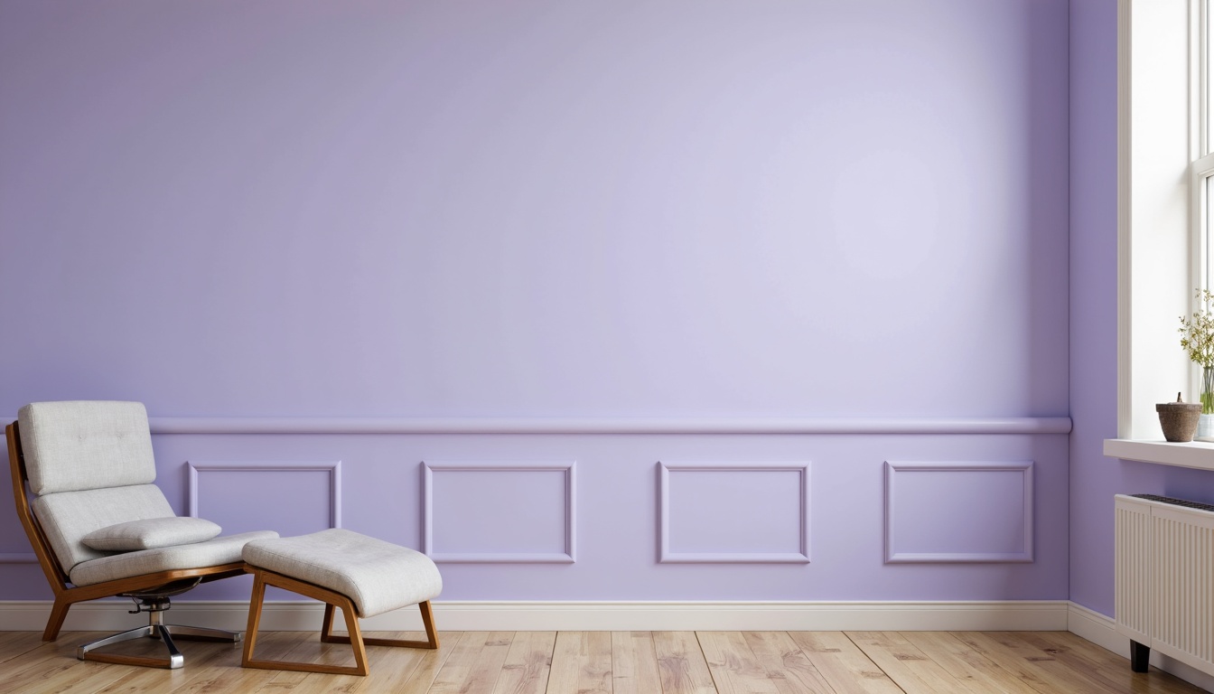 Prompt: Lavender blue accent wall, soft purple undertones, calming atmosphere, minimalist decor, sleek modern furniture, metallic silver legs, plush velvet cushions, rounded edges, subtle sheen fabrics, natural wood flooring, creamy white trim, delicate floral patterns, warm golden lighting, shallow depth of field, 1/1 composition, realistic textures, ambient occlusion.