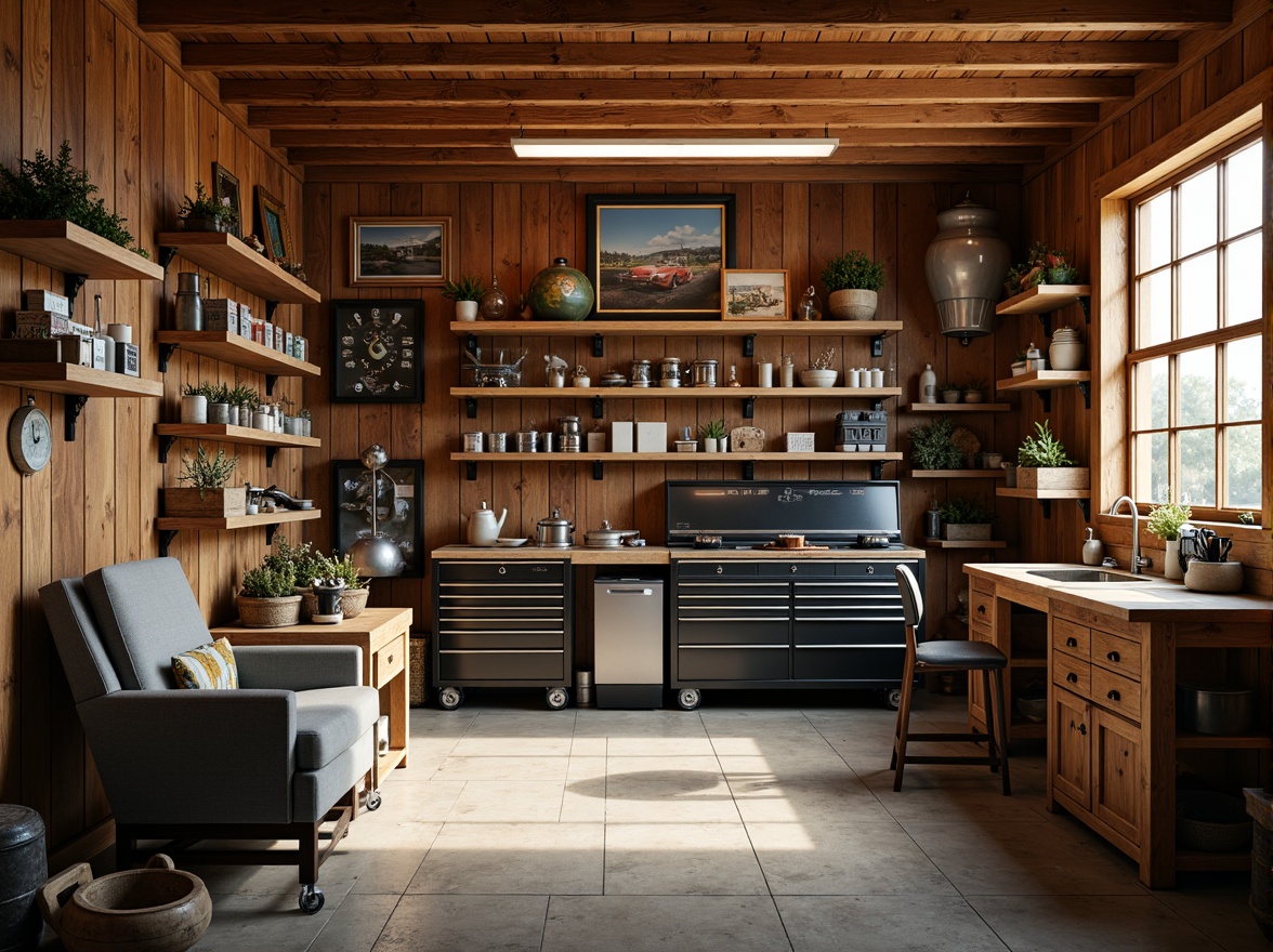 Prompt: Cozy family garage, warm lighting, rustic wood accents, metal toolboxes, organized storage systems, ergonomic workbenches, adjustable shelving units, vintage automotive decorations, nostalgic memorabilia, natural stone flooring, earthy color palette, soft shadows, shallow depth of field, 1/2 composition, realistic textures, ambient occlusion.