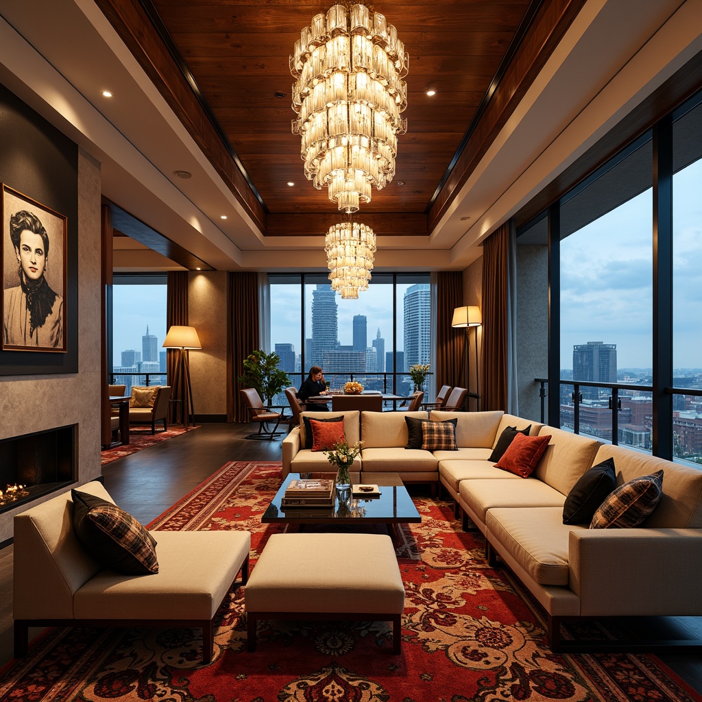 Prompt: Luxurious penthouse, eclectic style decor, ornate chandeliers, lavish textiles, vibrant patterned rugs, statement furniture pieces, metallic accents, rich wood tones, bold artwork, abstract sculptures, floor-to-ceiling windows, city skyline views, modern architecture, sleek lines, minimalist spaces, ambient lighting, warm color palette, 3/4 composition, shallow depth of field, panoramic view.