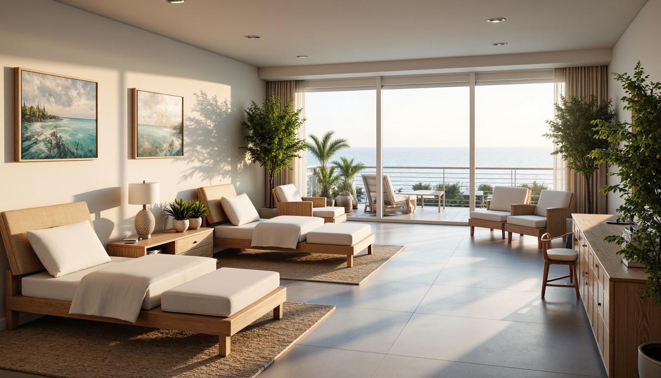 Prompt: \Soft warm lighting, calming ocean views, natural wood accents, driftwood-inspired furniture, pastel color schemes, creamy whites, blues and greens, comfortable patient rooms, cozy waiting areas, floor-to-ceiling windows, sliding glass doors, outdoor balconies, beachy textures, woven fibers, coral patterns, shell-inspired decor, subtle wave motifs, gentle LED lighting, warm task lighting, ambient occlusion, 1/1 composition, realistic reflections, serene atmosphere.\