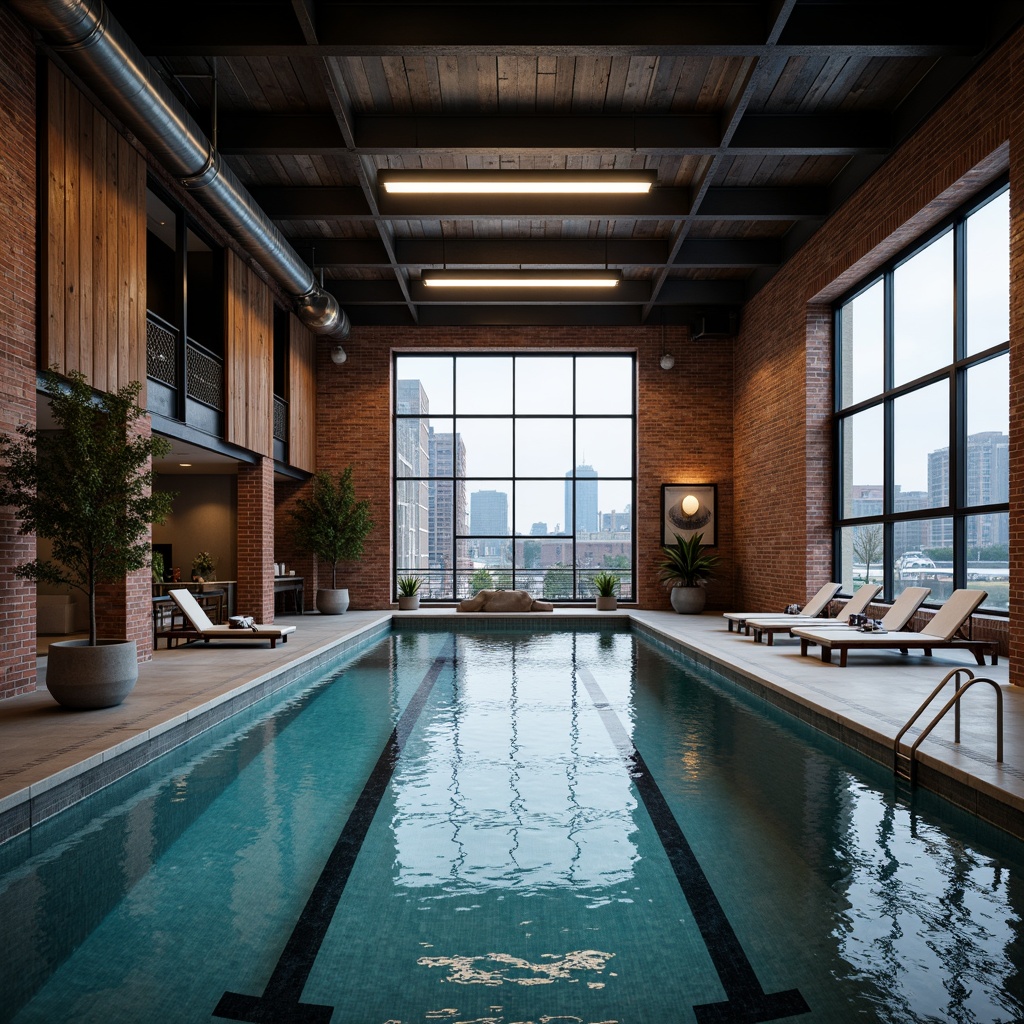 Prompt: Industrial pool surroundings, exposed brick walls, metallic ladders, concrete flooring, sleek modern railings, stainless steel equipment, industrial-style lighting fixtures, reclaimed wood accents, distressed metal textures, urban landscape views, cityscape backdrops, moody atmospheric lighting, shallow depth of field, 2/3 composition, realistic water simulations, ambient occlusion.