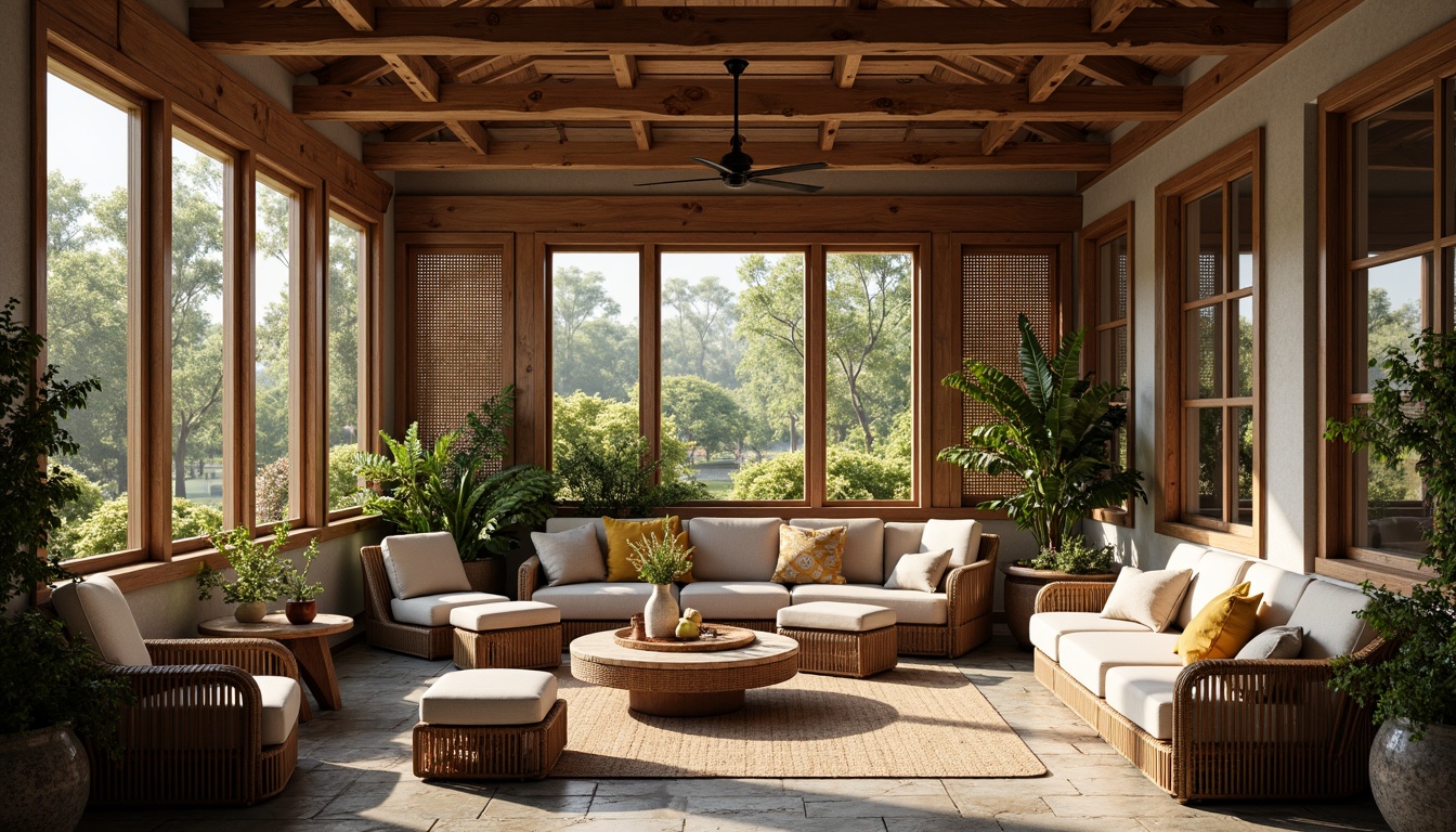 Prompt: Cozy sunroom, natural stone flooring, wooden ceiling beams, large windows, comfortable wicker furniture, plush cushions, warm earthy tones, rich wood accents, handmade craftsman details, intricate carvings, ornate metalwork, vintage decor pieces, lush greenery, potted plants, soft warm lighting, shallow depth of field, 1/1 composition, intimate atmosphere, realistic textures.