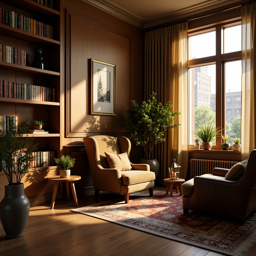 Prompt: Cozy reading nook, plush velvet pillows, soft golden lighting, wooden bookshelves, vintage leather armchair, intricate rug patterns, earthy tone walls, warm beige curtains, potted greenery, decorative vases, ornate metal lanterns, rustic wood accents, comfortable cushions, calming ambiance, shallow depth of field, 1/1 composition, warm color palette, realistic textures.