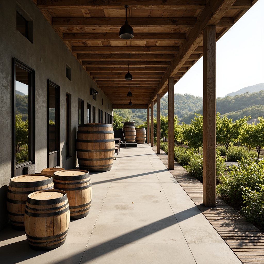 Prompt: Rustic winery exterior, weathered wooden barrels, metal fermentation tanks, concrete floors, reclaimed wood accents, industrial pendant lights, modern minimalist architecture, large windows, sliding glass doors, rolling hills vineyard, lush green grapevines, sunny afternoon, warm soft lighting, shallow depth of field, 3/4 composition, panoramic view, realistic textures, ambient occlusion.