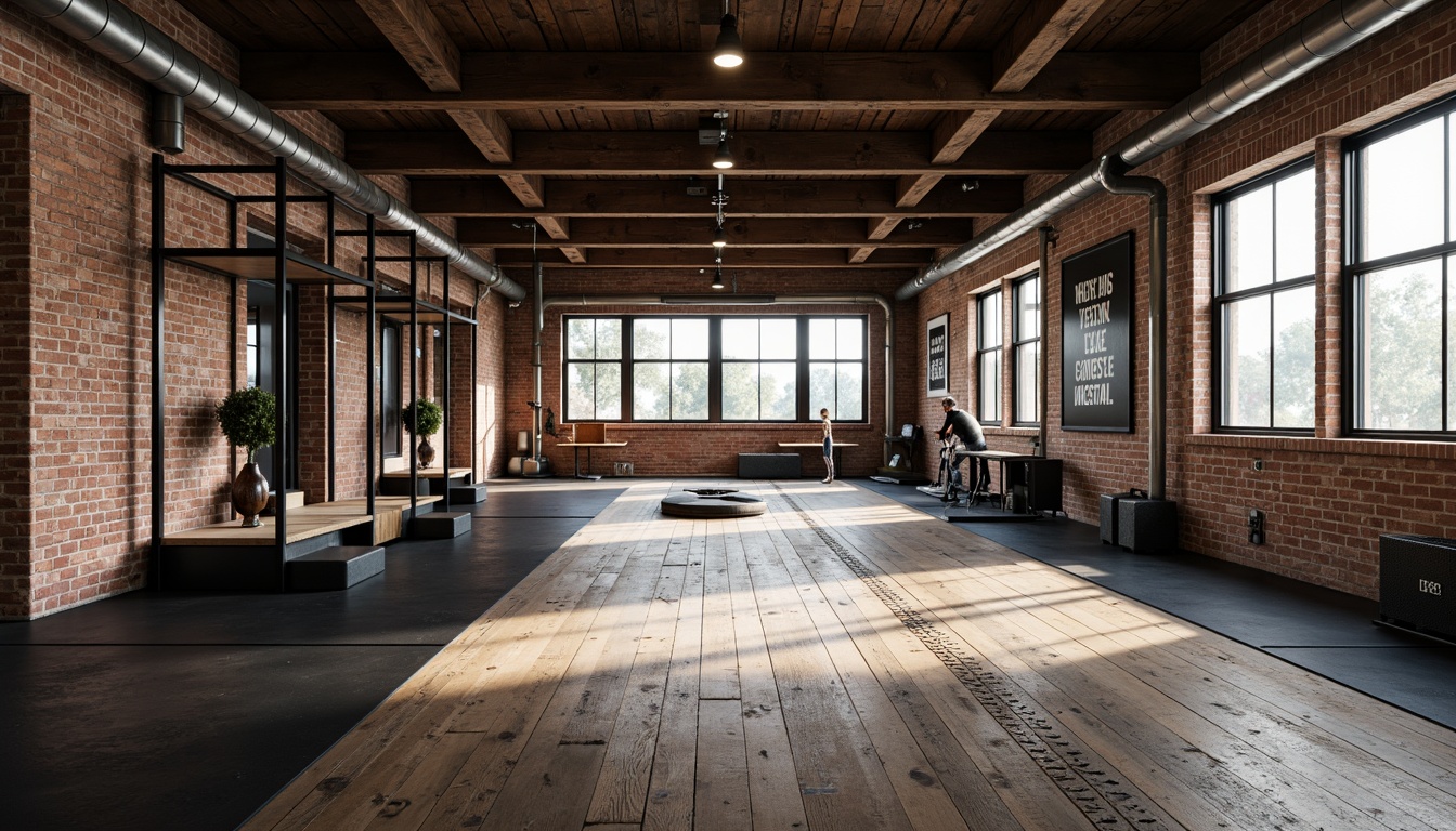 Prompt: Rustic industrial home gym, exposed brick walls, metal beams, reclaimed wood flooring, distressed concrete floors, matte black equipment, heavy-duty rubber mats, athletic track lines, motivational quotes, urban loft-style windows, natural daylight, high ceilings, minimalist decor, functional lighting, 1-point perspective composition, warm color grading, realistic textures.