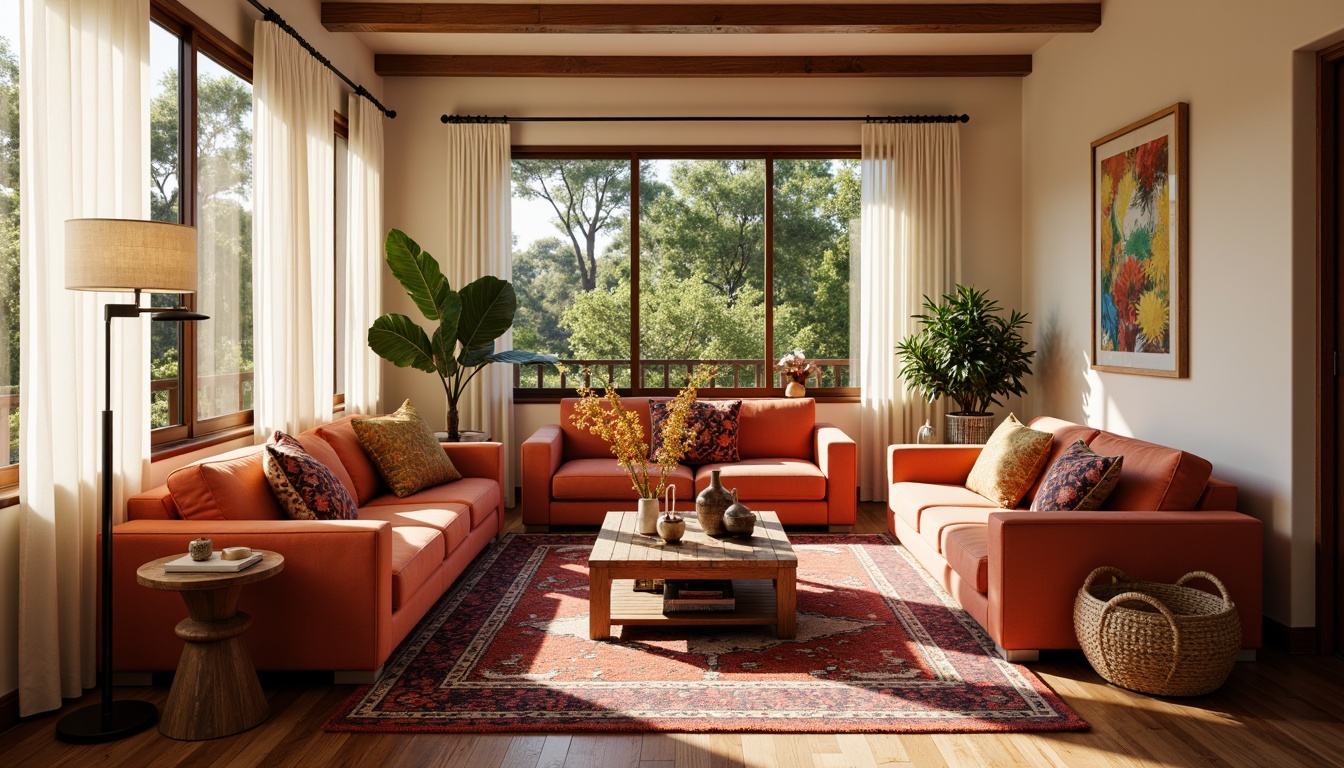 Prompt: Cozy living room, plush velvet sofas, soft cushioned chairs, vibrant colorful throw pillows, Moroccan-inspired patterned rugs, warm beige walls, large windows, natural light, sheer curtains, wooden flooring, modern minimalist coffee table, decorative vases, fresh flowers, comfortable reading nook, floor lamps, warm ambient lighting, 1/2 composition, realistic textures, soft focus effect.