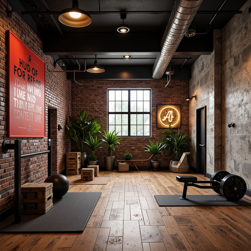 Prompt: Industrial-chic home gym, exposed brick walls, metallic accents, reclaimed wood flooring, bold color schemes, motivational quotes, modern fitness equipment, sleek metal beams, urban loft atmosphere, natural stone features, rustic wooden crates, vintage sports equipment, distressed concrete finishes, neon lighting accents, high-contrast color palette, 1/1 composition, shallow depth of field, realistic textures.