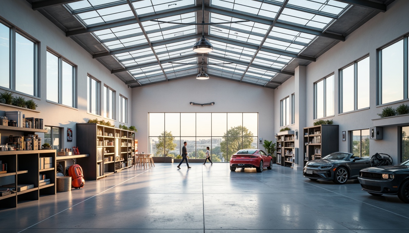 Prompt: Well-lit garage interior, large skylights, clerestory windows, transparent roof panels, white walls, polished concrete floors, minimalist decor, industrial-style metal beams, functional shelving units, organized tool storage, modern LED lighting fixtures, soft warm glow, shallow depth of field, 1/1 composition, realistic textures, ambient occlusion.