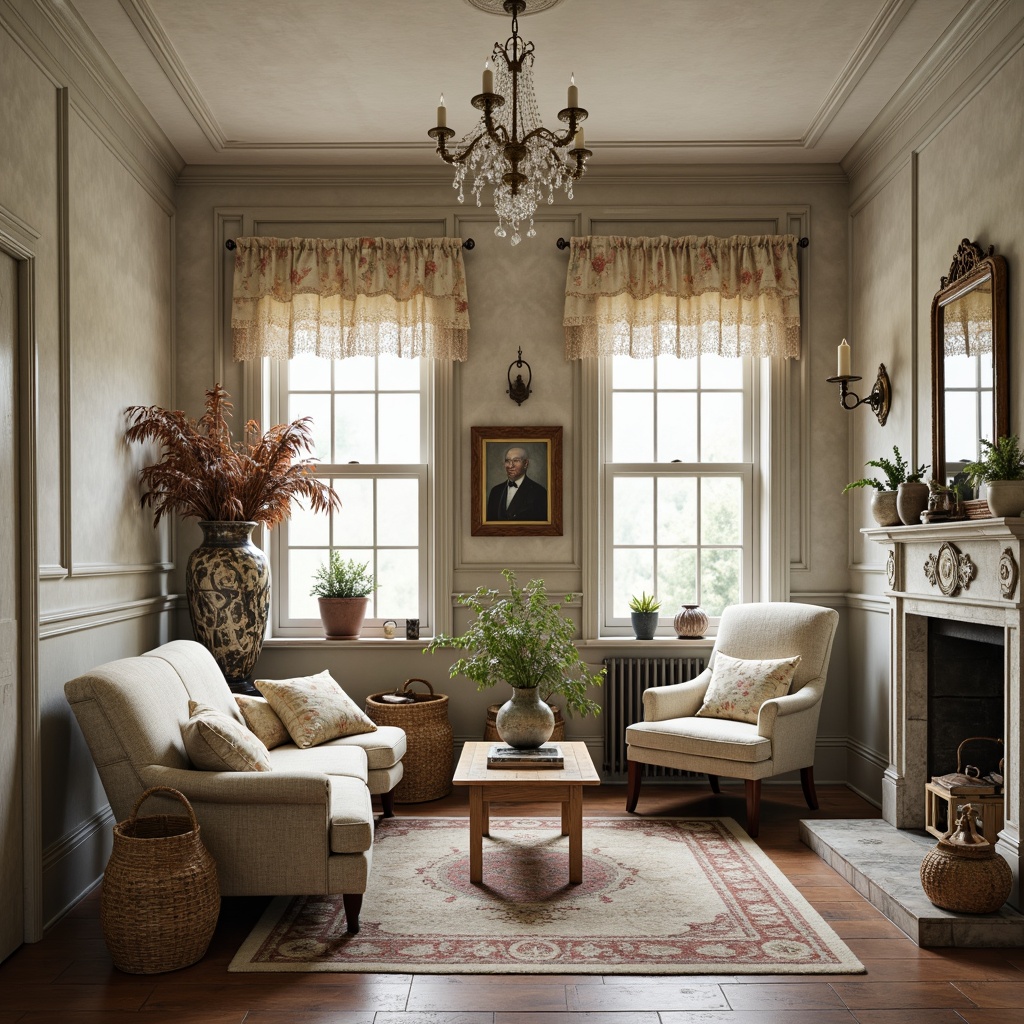 Prompt: Distressed vintage furniture, soft pastel hues, lace trimmings, floral patterns, ornate mirrors, crystal chandeliers, rustic wooden accents, woven baskets, velvety pillows, ruffled curtains, antique accessories, distressed finishes, warm candlelight, cozy reading nooks, natural textiles, elegant coving, classic moldings, richly upholstered armchairs.