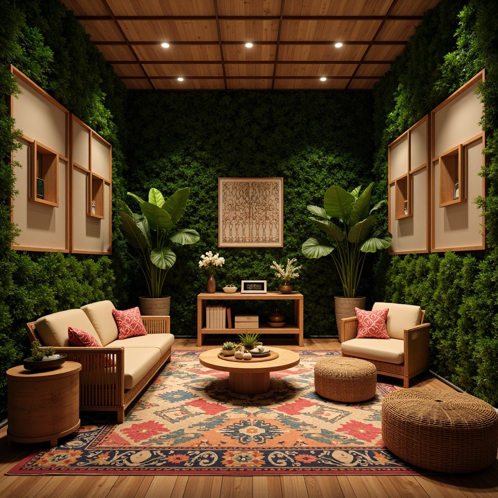 Prompt: Lush green walls, exotic plants, natural wood accents, woven rattan furniture, vibrant colorful textiles, tropical-inspired patterns, intricate geometric motifs, ambient warm lighting, soft diffused shadows, cinematic screens, surround sound systems, acoustic panels, soundproofing materials, minimalist decor, cozy intimate atmosphere, plush velvet seats, wooden flooring, decorative rugs, modern audio equipment, sleek metal fixtures, warm beige tones, earthy color palette, organic shapes, natural stone features, 3/4 composition, shallow depth of field, realistic textures.