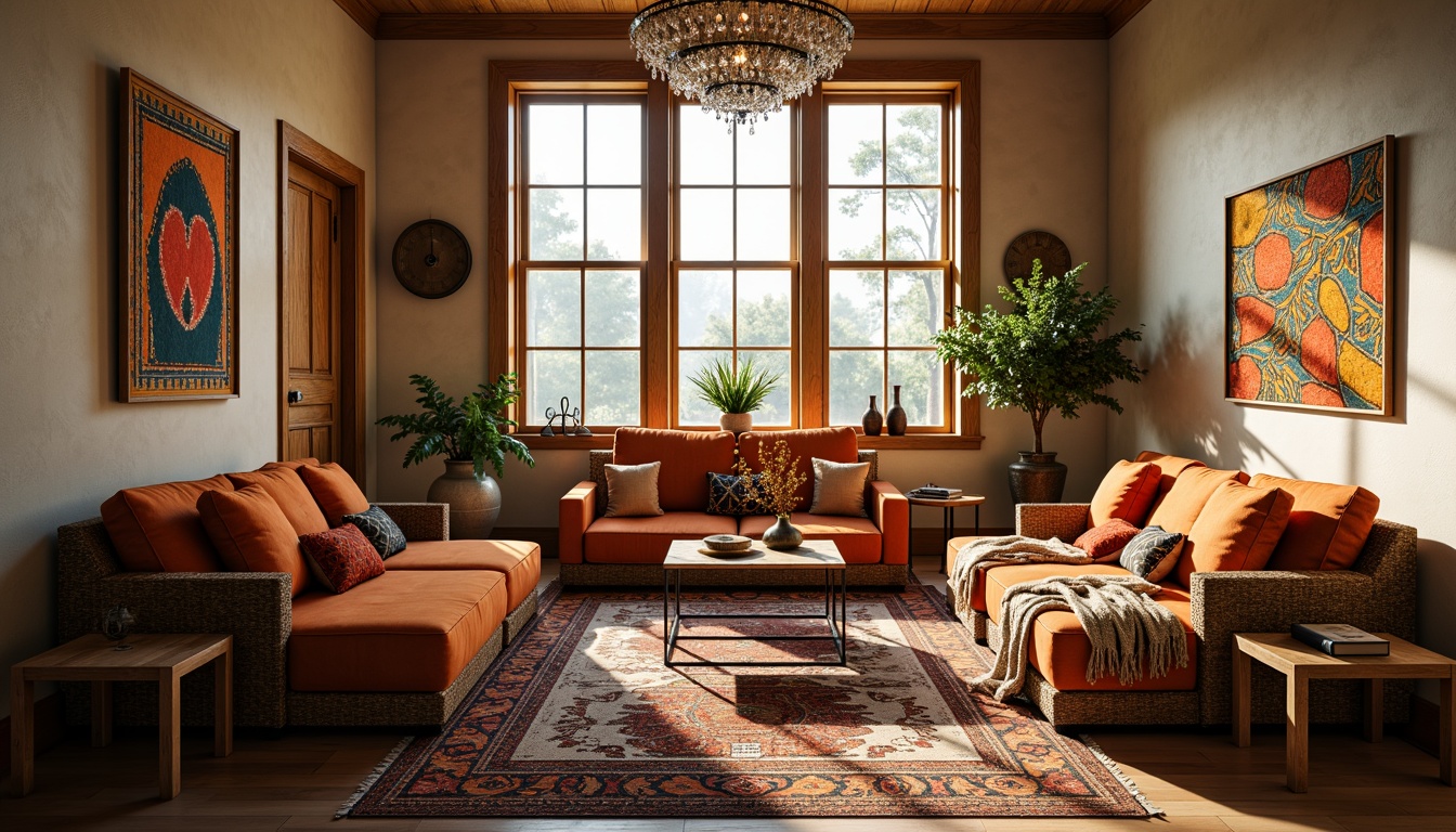 Prompt: Cozy living room, plush velvet sofa, soft cushion pillows, woven wicker armchairs, vibrant colorful throw blankets, intricate geometric patterns, natural fiber rugs, warm beige walls, large windows, abundant natural light, elegant crystal chandelier, ambient warm lighting, 3/4 composition, shallow depth of field, realistic textures, comfortable seating area, relaxation ambiance.