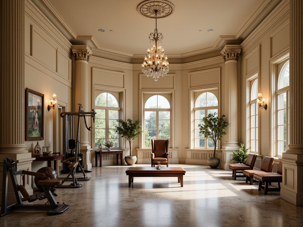 Prompt: Elegant home gym, neoclassical architecture, cream-colored walls, ornate moldings, crystal chandeliers, polished marble floors, vintage fitness equipment, leather-upholstered benches, natural stone columns, arched windows, soft warm lighting, indirect illumination, pendant lamps, sconce lights, ambient glow, 1/1 composition, shallow depth of field, realistic textures, subtle shadows.