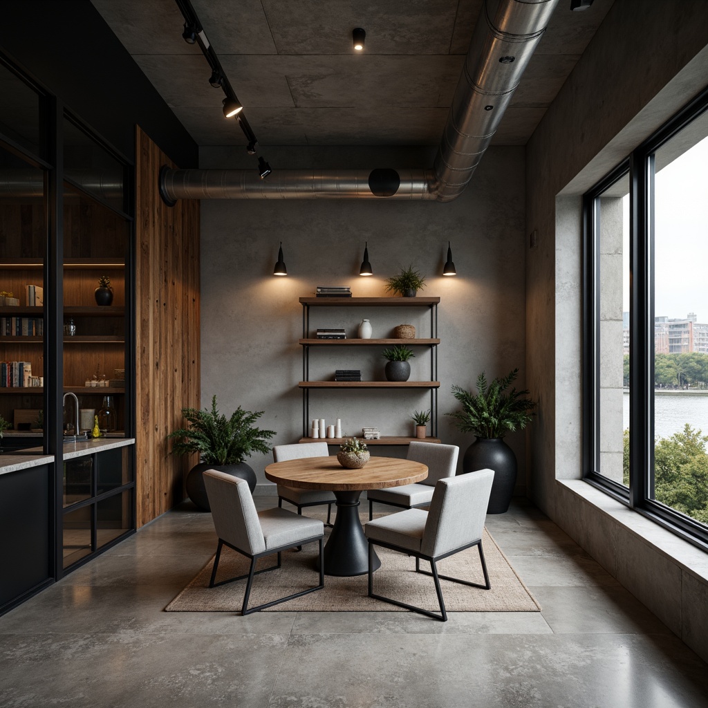 Prompt: Modern interior design, sleek lines, minimalist aesthetic, polished chrome accents, matte black finishes, reclaimed wood textures, industrial concrete walls, smooth glass surfaces, subtle metallic sheens, calm monochromatic color scheme, soft warm lighting, shallow depth of field, 3/4 composition, realistic reflections, ambient occlusion.