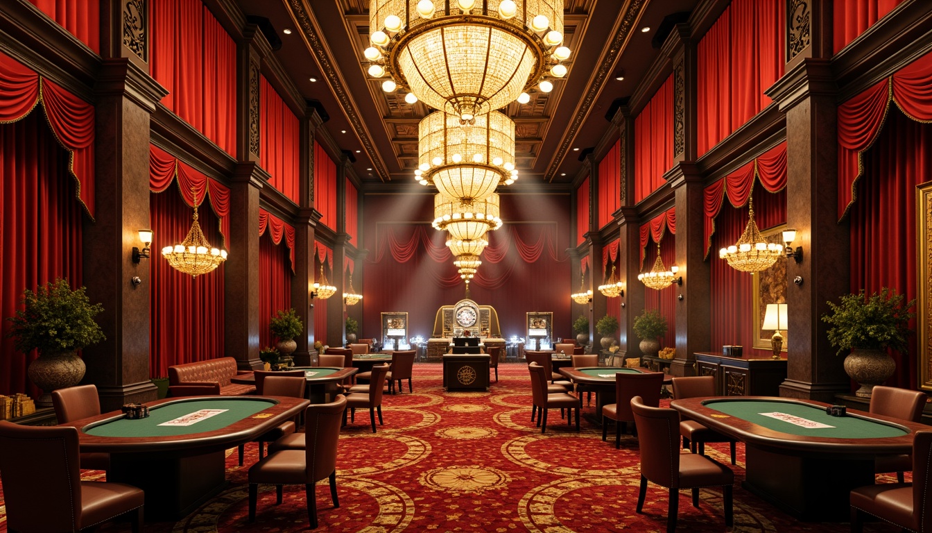 Prompt: Luxurious casino interior, rich velvet drapes, ornate golden chandeliers, lavish crystal decorations, high-stakes poker tables, plush leather armchairs, polished mahogany wood accents, intricate patterned rugs, vibrant red and gold color scheme, dramatic dimmed lighting, cinematic smoke effects, opulent furnishings, Baroque-inspired carvings, majestic columns, grandiose ceiling details, regal atmosphere, 1/2 composition, warm soft focus, realistic reflections.