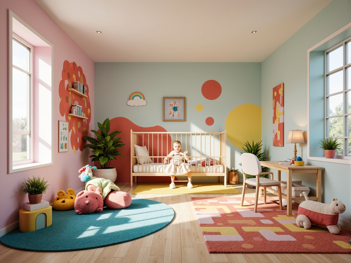 Prompt: Whimsical kid's room, bright pastel colors, playful furniture shapes, curved lines, bold patterns, oversized toys, colorful rugs, plush carpets, soft cushions, wooden cribs, minimalist desks, ergonomic chairs, creative storage units, funky lamps, geometric-shaped bookshelves, vibrant wall art, eclectic decor, cozy reading nooks, natural light, warm atmosphere, shallow depth of field, 1/1 composition, realistic textures, ambient occlusion.