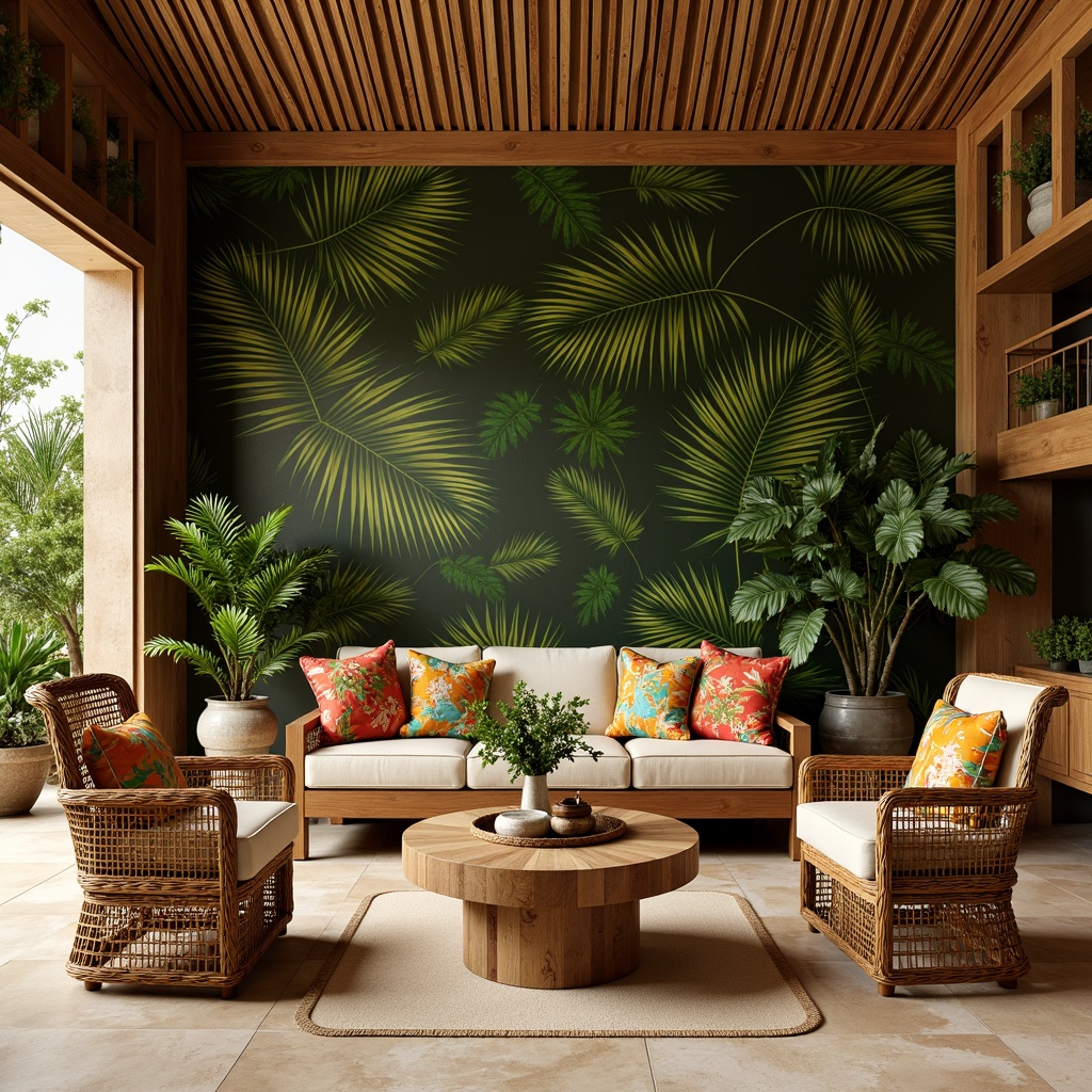 Prompt: Tropical interior design, exotic wooden accents, woven rattan furniture, lush greenery walls, natural fiber textiles, vibrant colorful patterns, bold botanical prints, carved wood decorative elements, glossy polished stone floors, warm beige color palette, soft golden lighting, shallow depth of field, 1/1 composition, realistic render, ambient occlusion.