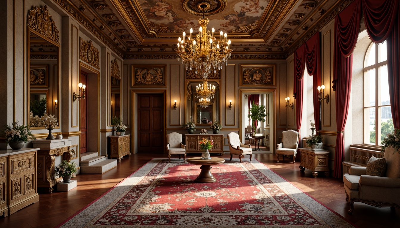 Prompt: Intricately carved wooden panels, gilded mirrors, ornate chandeliers, velvet drapes, luxurious furnishings, richly patterned rugs, golden accents, delicate frescoes, marble countertops, intricately designed cabinetry, opulent decorative trimmings, lavish fabrics, soft warm lighting, shallow depth of field, 1/1 composition, realistic textures, ambient occlusion.