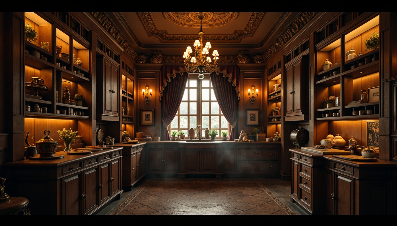 Prompt: Dimly lit pantry, mysterious ambiance, warm golden lighting, ornate wooden cabinets, intricate stone carvings, grandiose chandeliers, lavish velvet drapes, mystical ancient artifacts, weathered leather-bound tomes, rusty metal lanterns, flickering candles, soft misty atmosphere, eerie shadows, 1/2 composition, low-key illumination, warm color palette, realistic textures, subtle ambient occlusion.