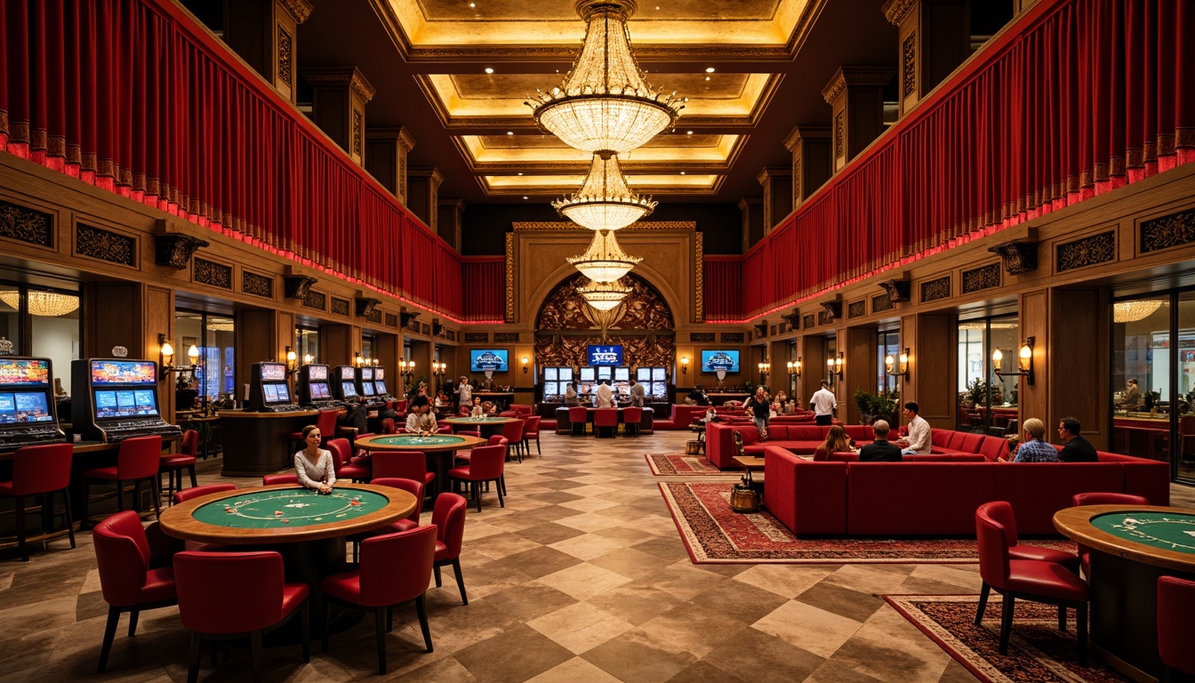 Prompt: Luxurious casino interior, rich velvet drapes, ornate golden chandeliers, intricately carved wooden furniture, plush crimson sofas, polished marble floors, lavish poker tables, elegant blackjack stations, rustic wooden bars, vintage slot machines, warm ambient lighting, dramatic ceiling height, symmetrical composition, shallow depth of field, 2/3 rule, realistic textures, subtle camera movements.