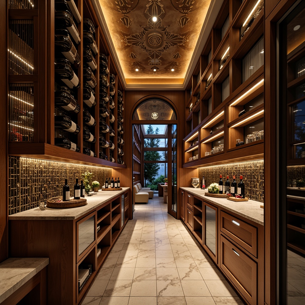 Prompt: Luxurious wine cellar, Art Deco style, metallic accents, ornate patterns, geometric shapes, rich wood tones, ambient dim lighting, innovative wine racks, curved glass shelves, chrome finishes, sleek lines, minimalist decor, temperature control systems, humidity regulation, wine bottle displays, label viewing, soft warm glow, 1/1 composition, shallow depth of field, realistic reflections.