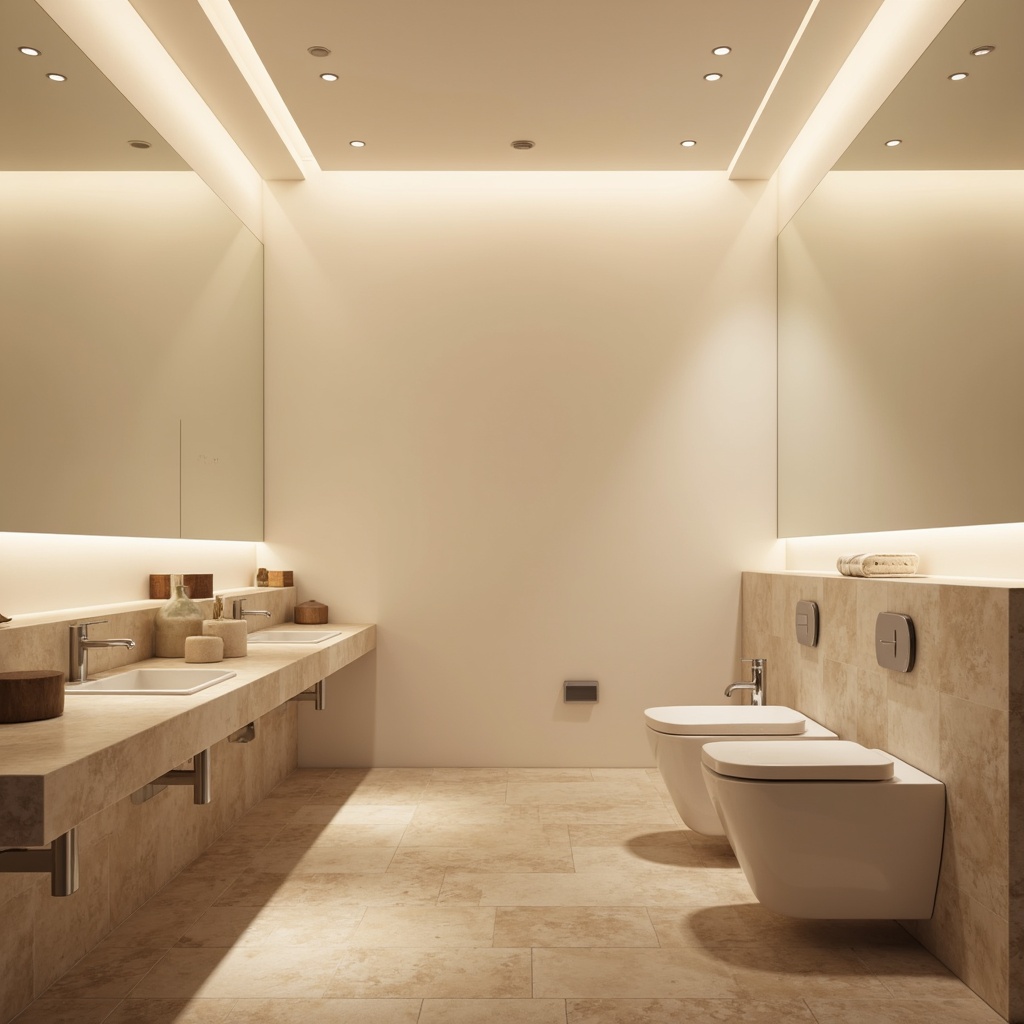 Prompt: Minimalist powder room, soft warm glow, LED strip lights, recessed ceiling fixtures, matte white walls, sleek chrome faucets, wall-mounted sinks, marble countertops, natural stone floors, subtle shadows, ambient lighting, 1/1 composition, shallow depth of field, soft focus, elegant simplicity, calm atmosphere, warm beige tones, delicate textures.