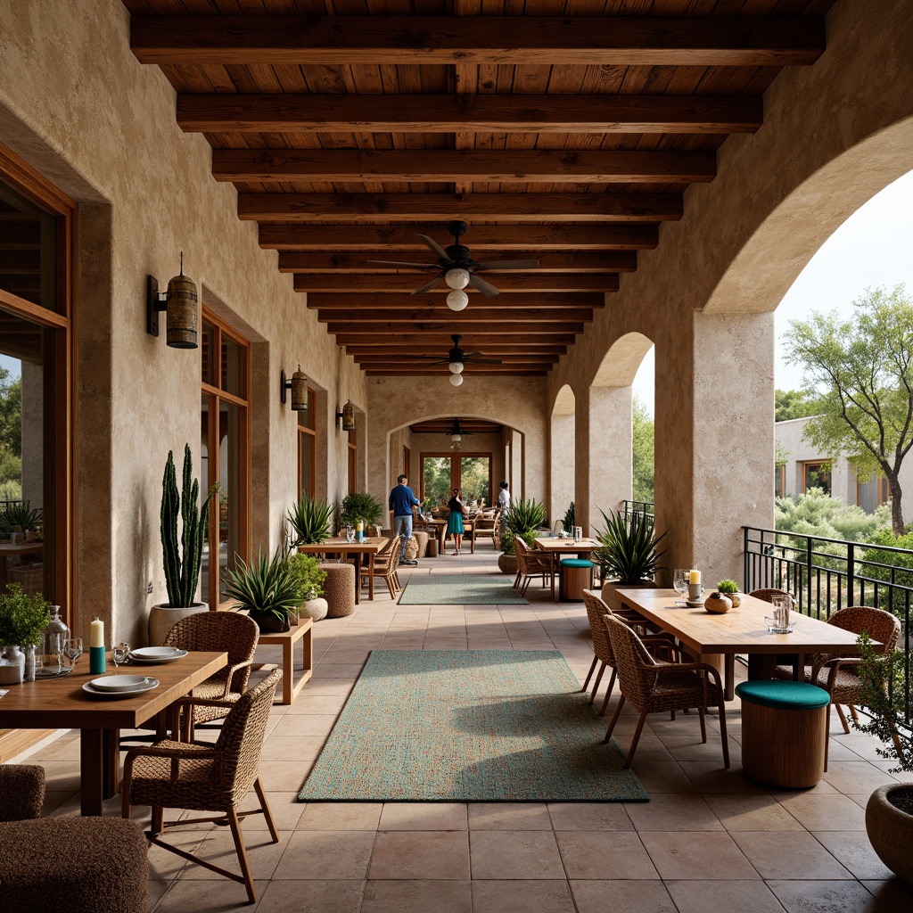 Prompt: Southwestern-style dining hall, natural stone walls, wooden beam ceilings, rustic wood furniture, earthy color palette, woven textiles, vibrant turquoise accents, desert botanicals, succulent plants, natural fiber rugs, warm candlelight, soft ambient glow, shallow depth of field, 1/2 composition, realistic textures, ambient occlusion.