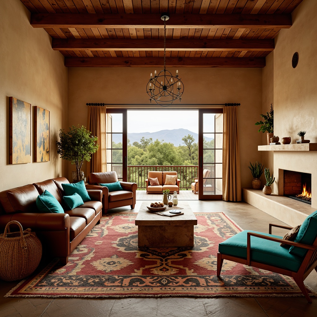 Prompt: Southwestern living room, vibrant turquoise accents, earthy brown leather furniture, patterned Navajo-inspired rugs, adobe-style walls, wooden beam ceilings, rustic metal lighting fixtures, natural stone fireplaces, woven wicker baskets, potted cacti, arid landscape views, warm golden lighting, shallow depth of field, 1/2 composition, panoramic view, realistic textures, ambient occlusion.