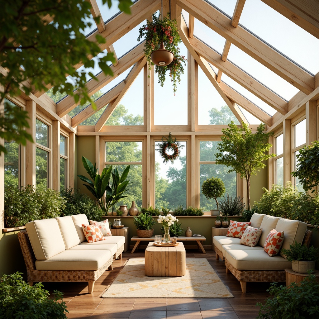 Prompt: Vibrant sunroom, warm natural light, bright skylights, lush greenery, floral patterns, earthy tones, beige walls, wooden accents, wicker furniture, comfortable seating, soft cushions, calming atmosphere, relaxed vibe, serene ambiance, pastel colors, creamy whites, sunny yellow, sky blue, gentle warm lighting, soft focus, shallow depth of field, 1/1 composition, realistic textures.