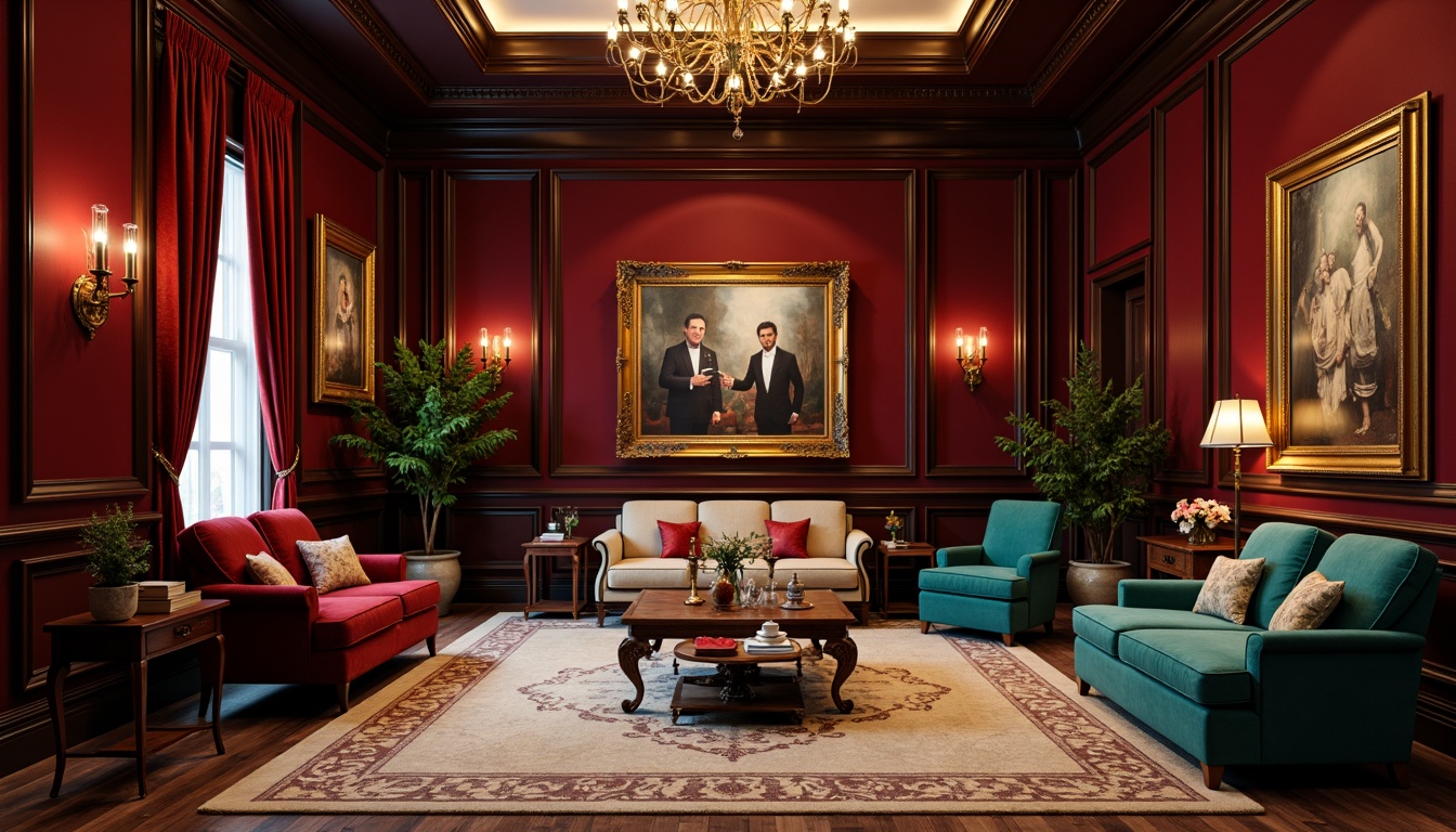 Prompt: Rich maroon walls, luxurious velvet fabrics, golden ornate frames, warm soft lighting, cozy atmospheric ambiance, dark wood accents, elegant classic furniture, subtle patterned rugs, sophisticated interior design, dramatic high ceilings, ornate chandeliers, lavish decorative elements, bold artistic statements, vibrant turquoise accents, creamy beige textures, metallic gold highlights, regal sophisticated atmosphere.