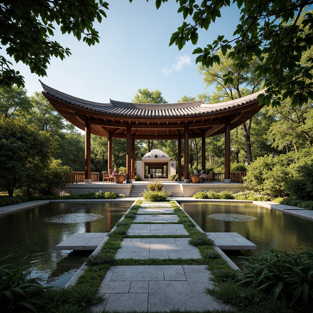 Prompt: \Serene open space, lush greenery, tranquil water features, elegant pavilion structure, Asian-inspired architecture, curved rooflines, ornate wooden carvings, vibrant cultural patterns, natural stone flooring, lantern-style lighting, warm ambient glow, shallow depth of field, 1/2 composition, symmetrical framing, realistic textures, soft focus effect.\