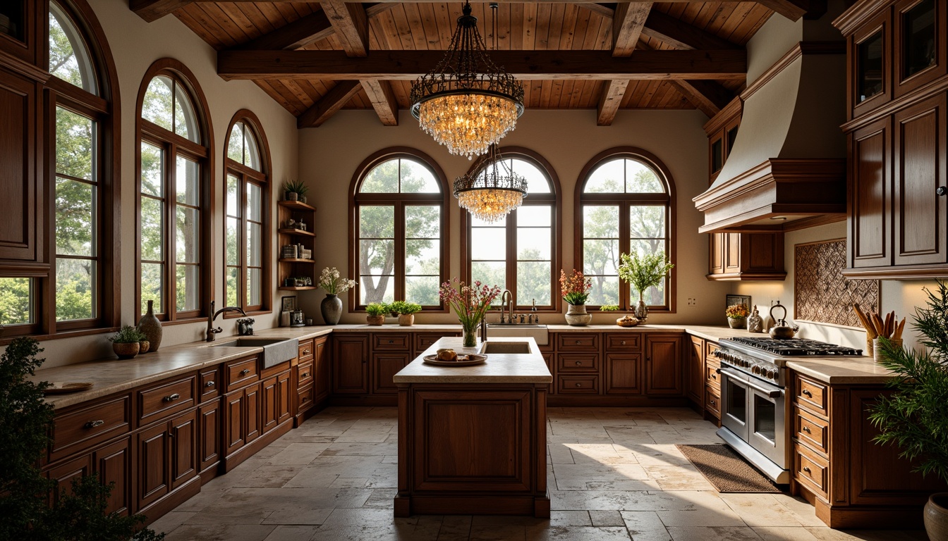 Prompt: Renaissance-style kitchen, ornate cabinetry, rich wood tones, elegant countertops, luxurious pendant lights, bronze fixtures, crystal chandeliers, ambient warm lighting, soft glow, dramatic shadows, high ceilings, large windows, natural daylight, rustic stone floors, vintage appliances, earthy color palette, Tuscan-inspired decor, refined metalwork, sophisticated textures, 1/1 composition, shallow depth of field, realistic rendering.