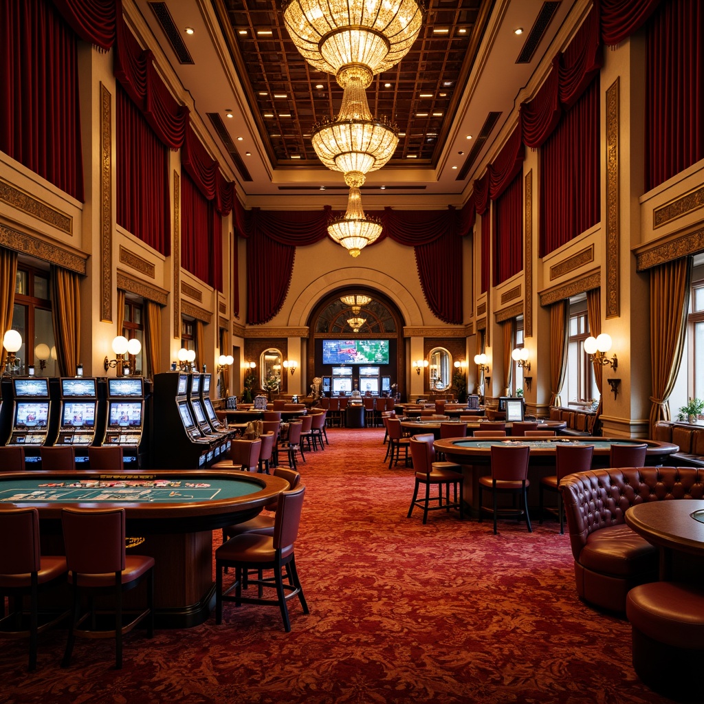 Prompt: Luxurious casino interior, rich velvet drapes, ornate gold accents, crystal chandeliers, plush red carpeting, curved wooden bars, antique slot machines, ornamental mirrors, elegant poker tables, tufted leather sofas, marble flooring, intricate molding details, warm golden lighting, shallow depth of field, 1/2 composition, realistic textures, ambient occlusion.